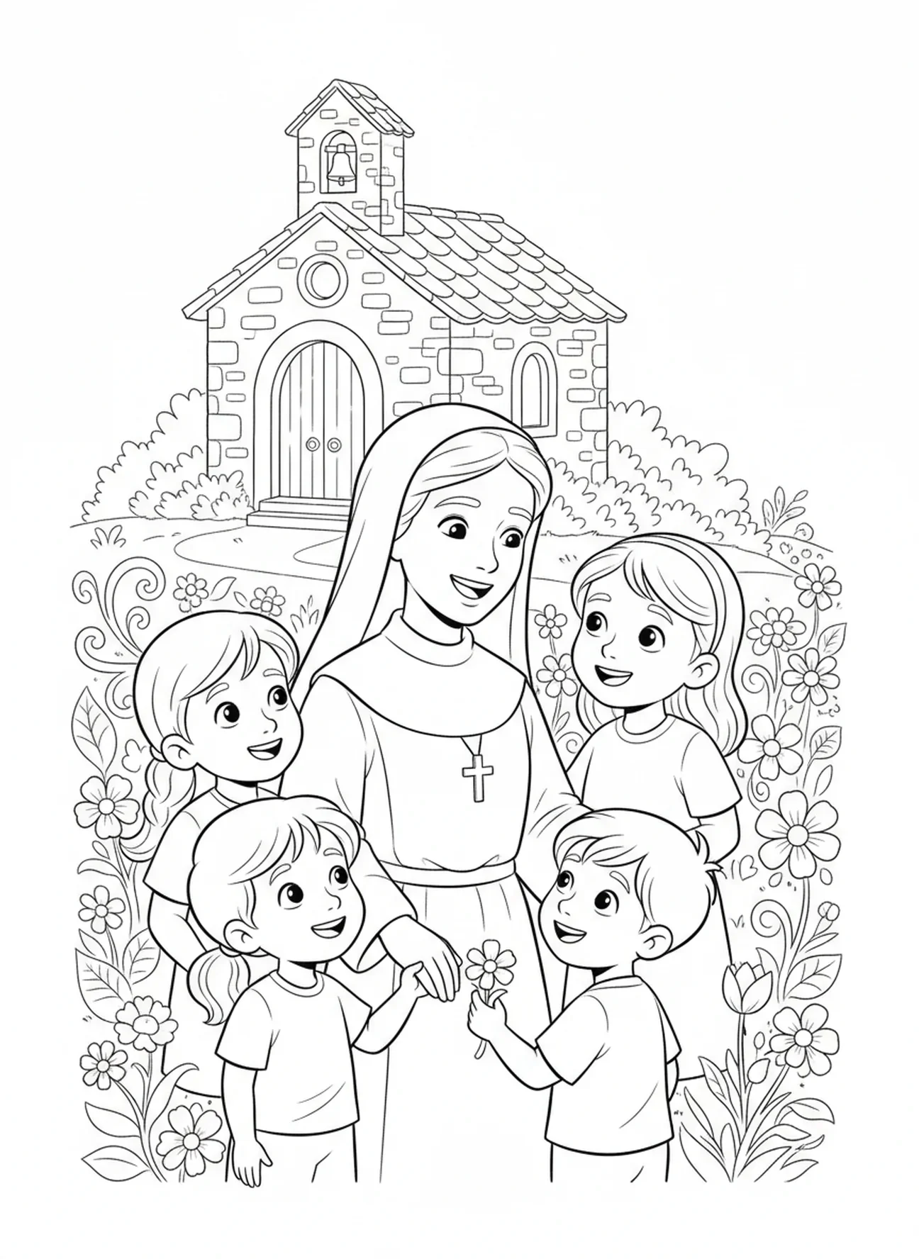 Bernadette con niños, página para colorear de Santa Bernardita para niños de 5 a 10 años