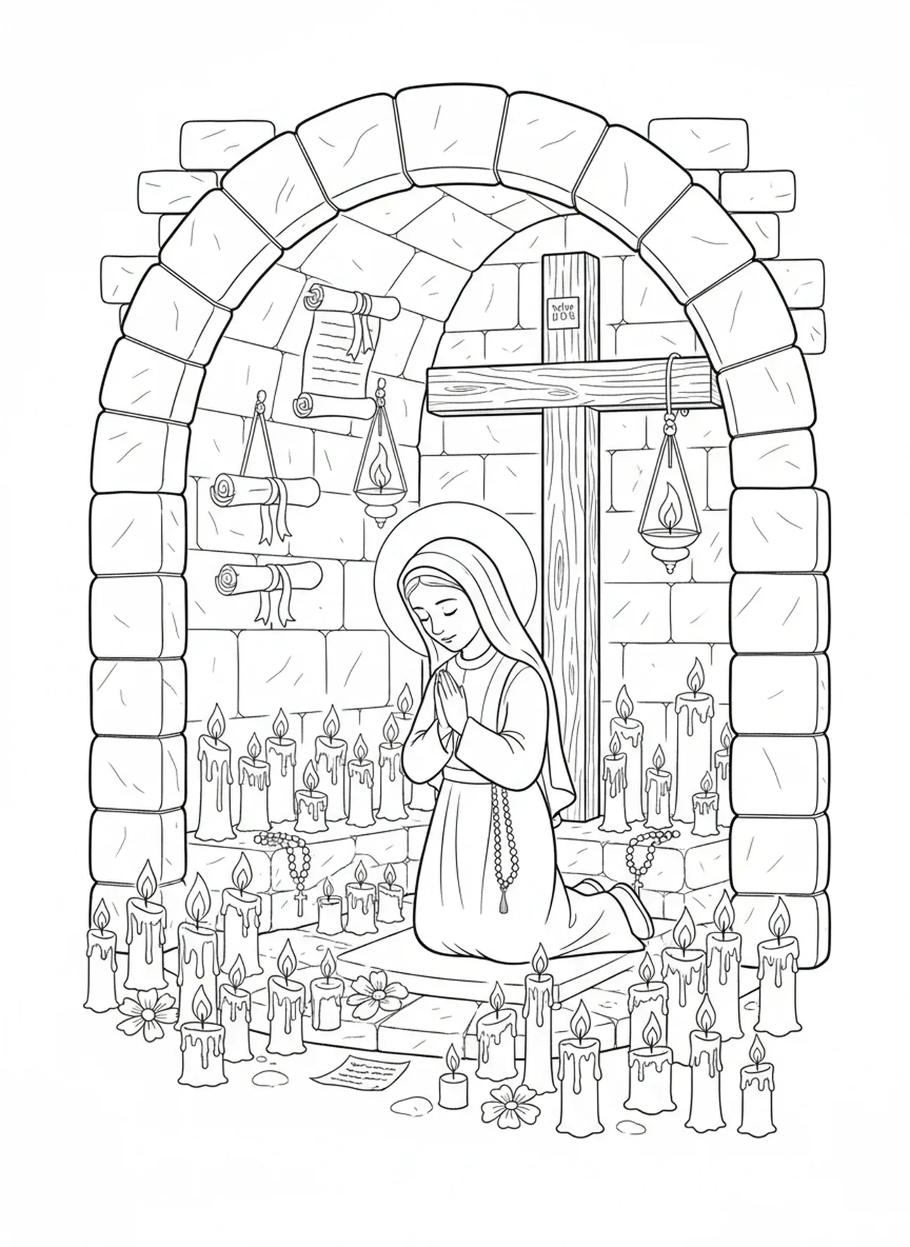 Sainte Bernadette en prière avec des bougies, page à colorier Sainte Bernadette pour les enfants de l'École du dimanche âgés de 5 à 12 ans.