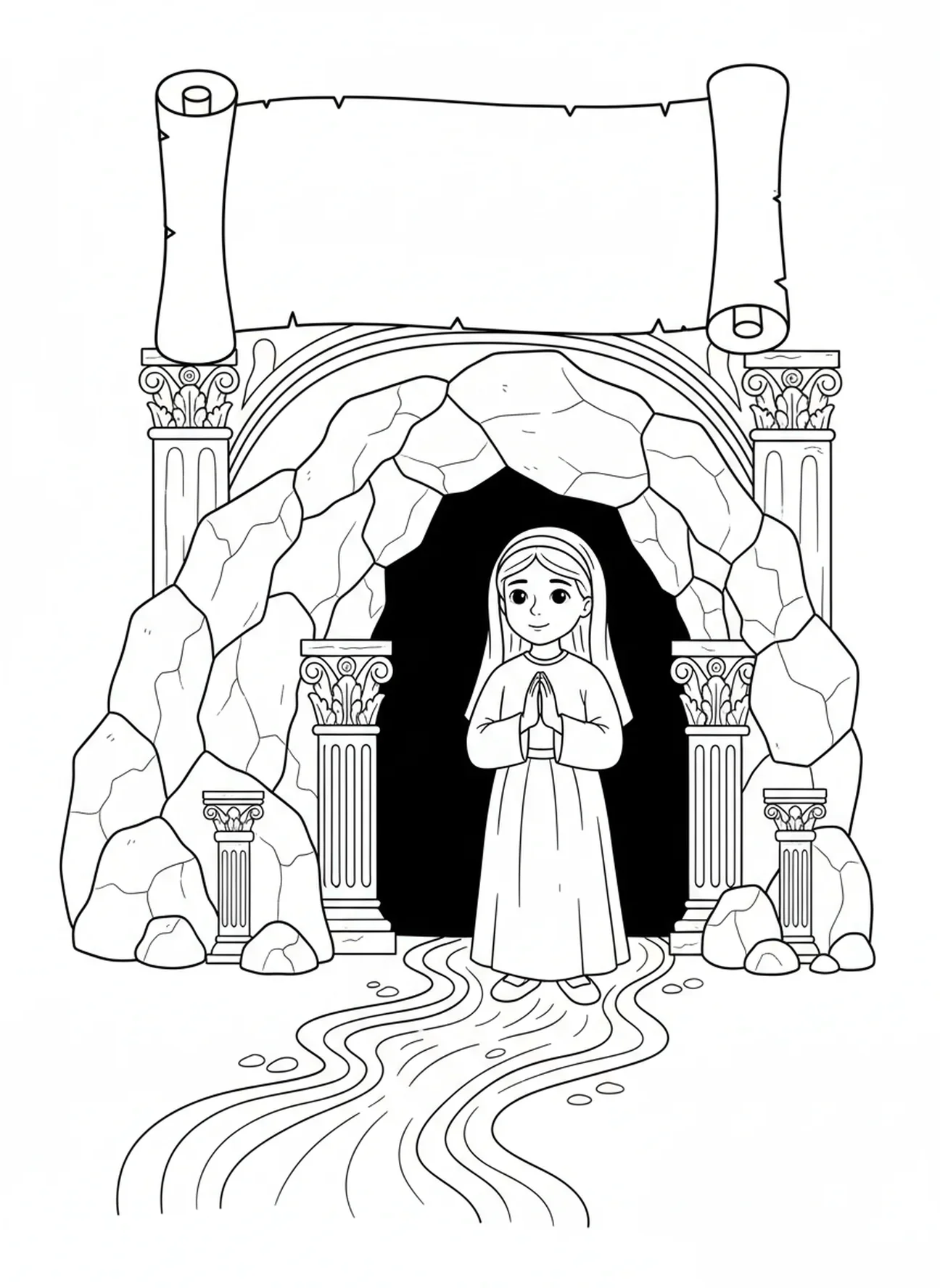 Sainte Bernadette à la grotte, page à colorier de Sainte Bernadette pour les enfants de l'École du dimanche âgés de 5 à 12 ans.