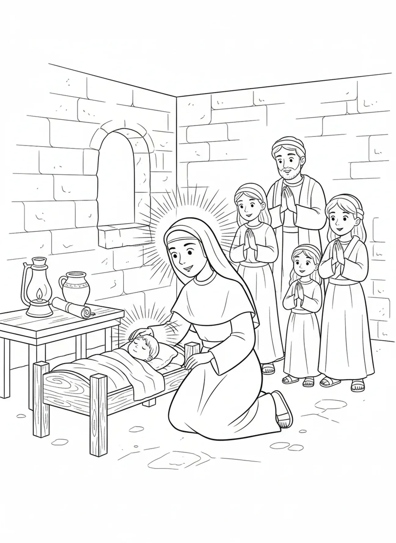 Sainte Bernadette guérissant un enfant, page à colorier Sainte Bernadette pour les enfants de l'École du dimanche âgés de 5 à 12 ans.