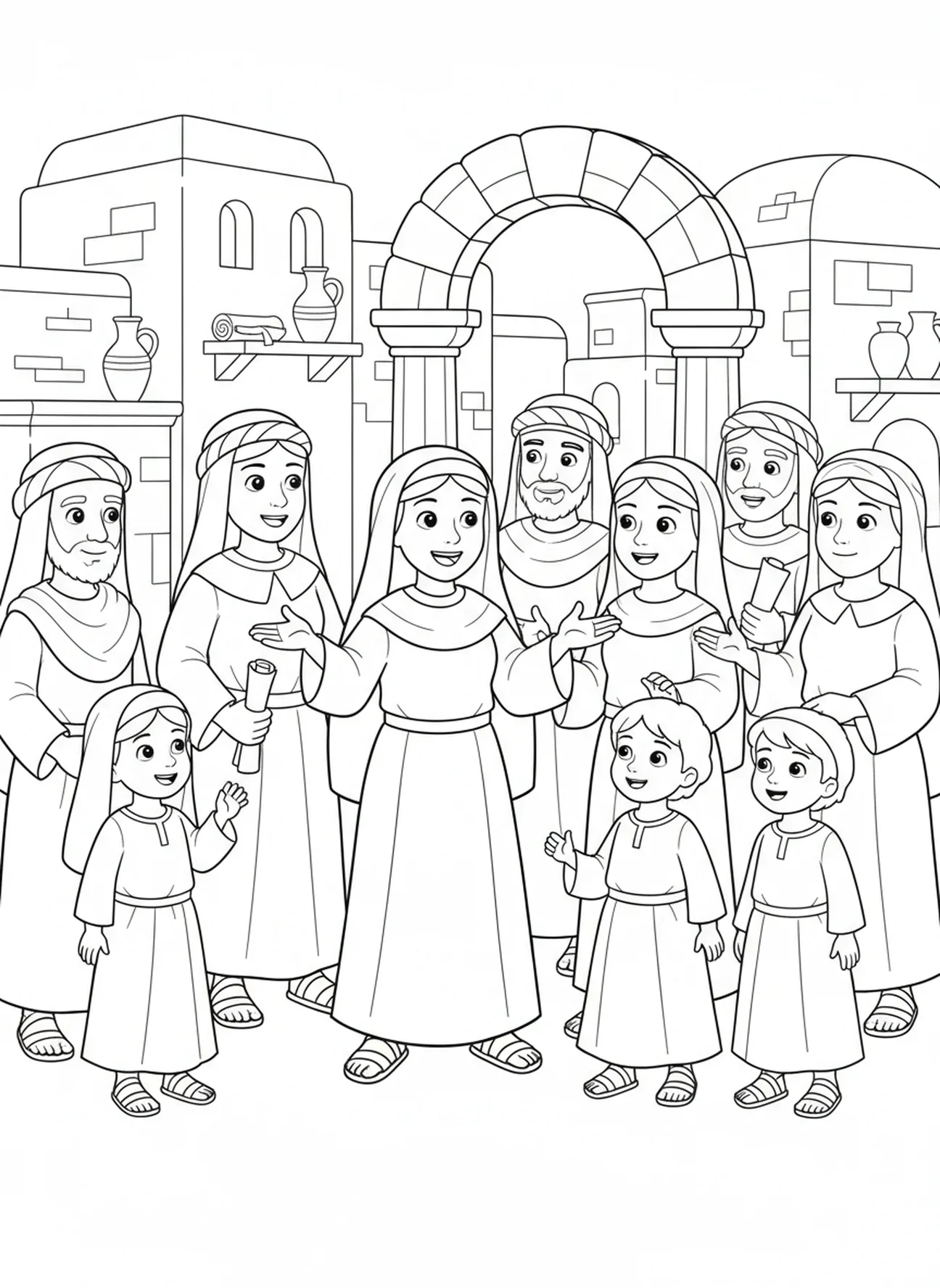 Sainte Bernadette parlant aux habitants, page à colorier Sainte Bernadette pour les enfants de l'École du dimanche âgés de 5 à 12 ans.