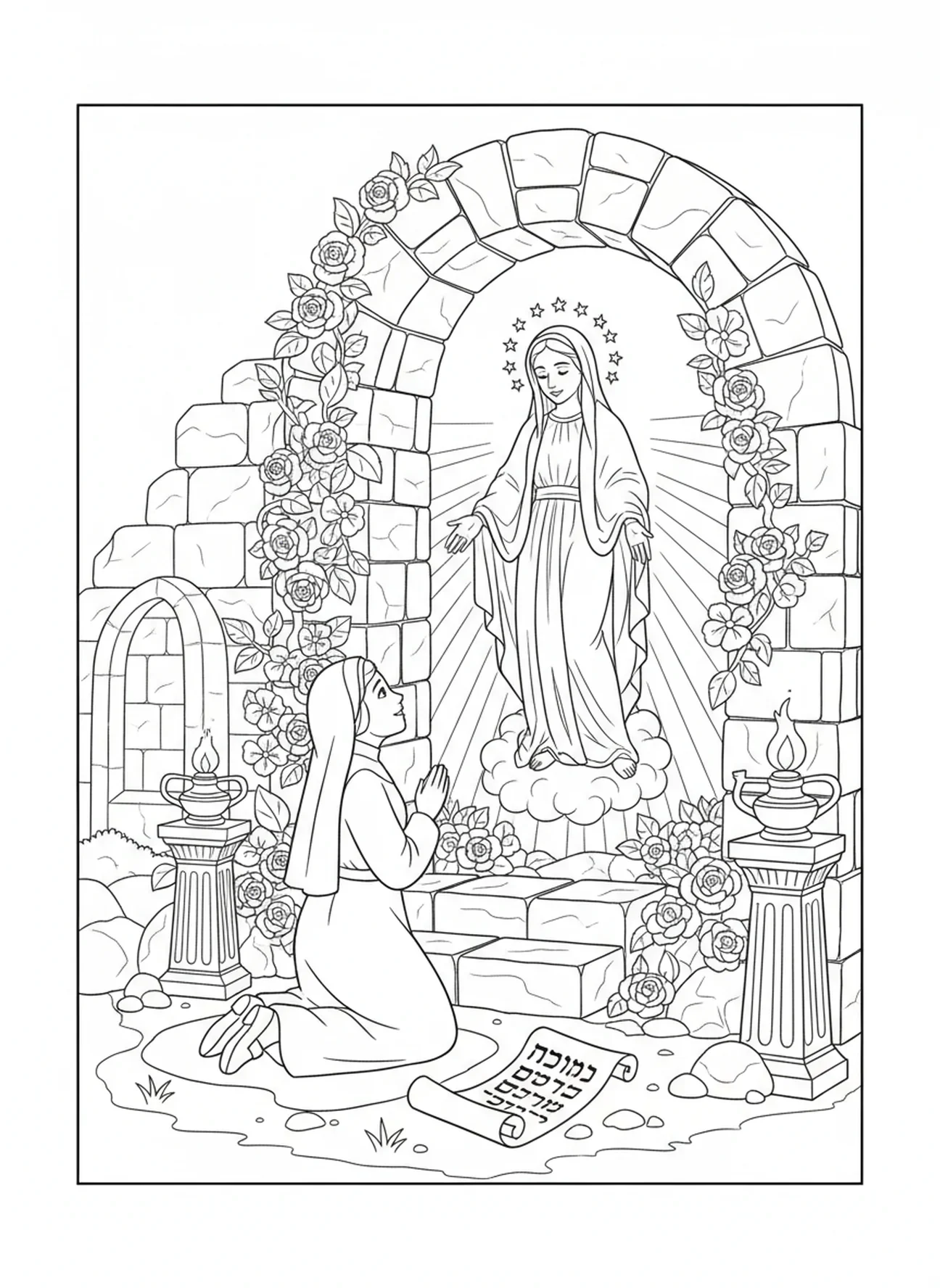 Sainte Bernadette à genoux, page à colorier de Sainte Bernadette pour les enfants de l'École du dimanche âgés de 5 à 12 ans.