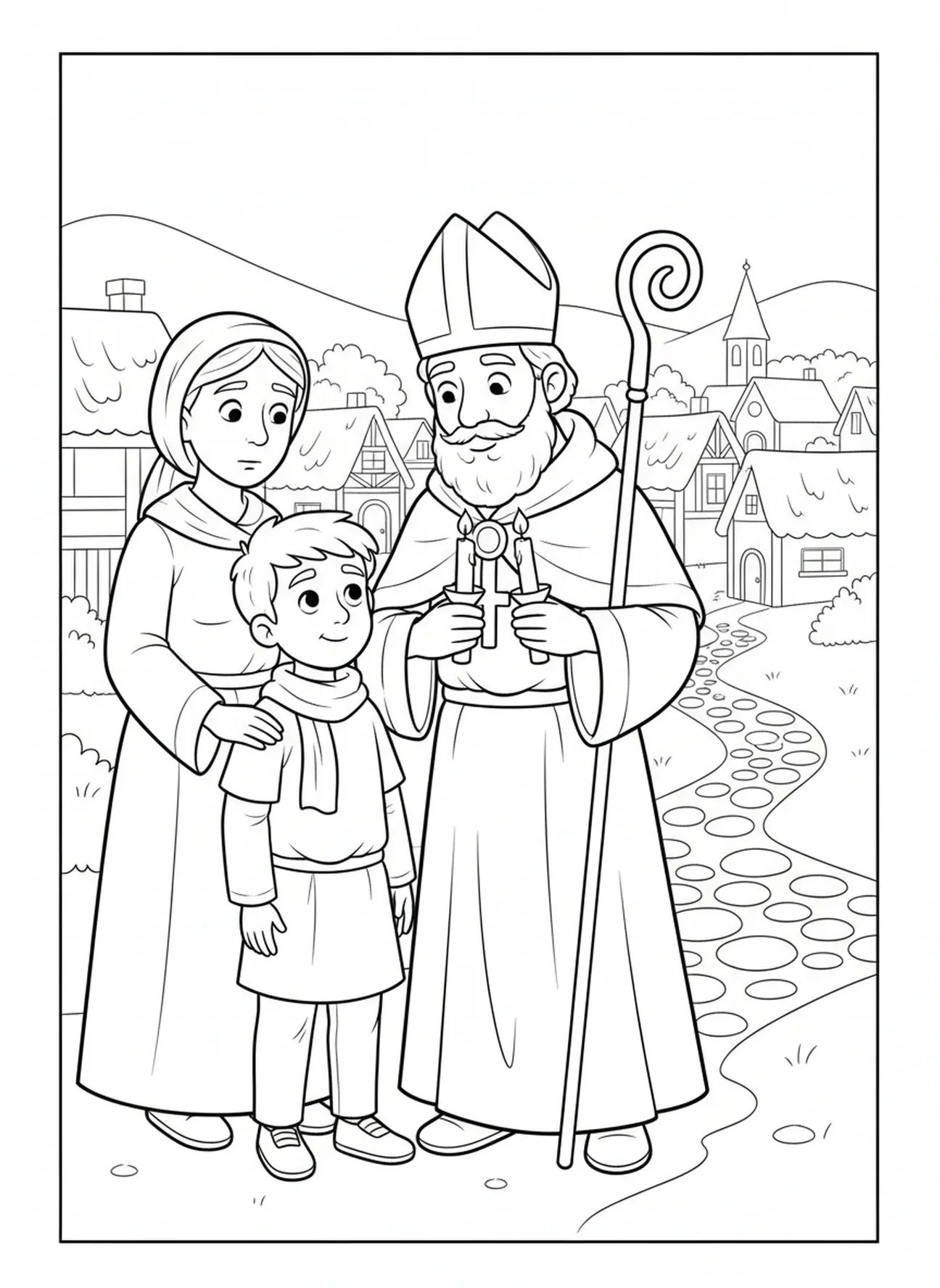 Saint Blaise guérissant un garçon, page à colorier Saint Blaise pour enfants de 5 à 10 ans