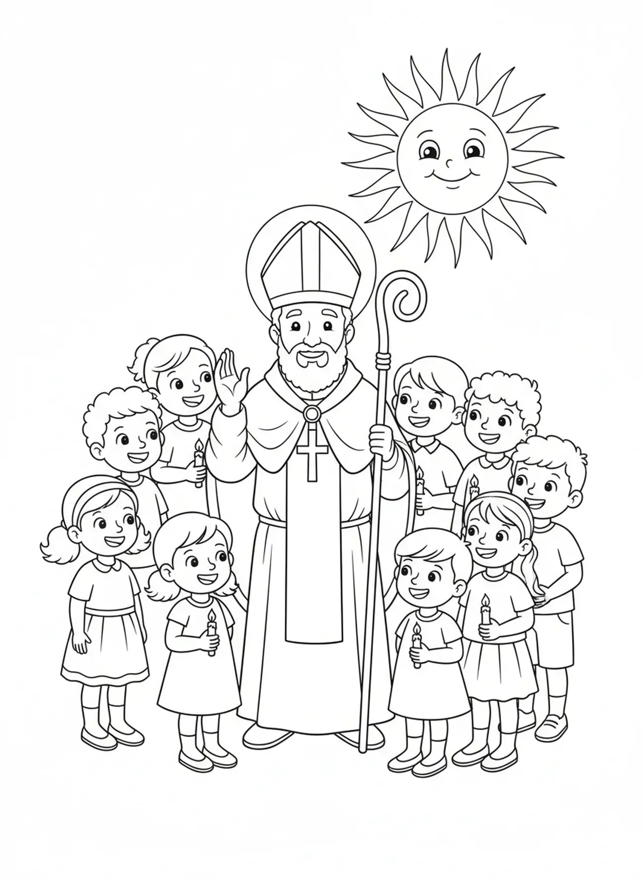 Saint Blaise bénissant des enfants, page à colorier Saint Blaise pour les enfants de 5 à 10 ans