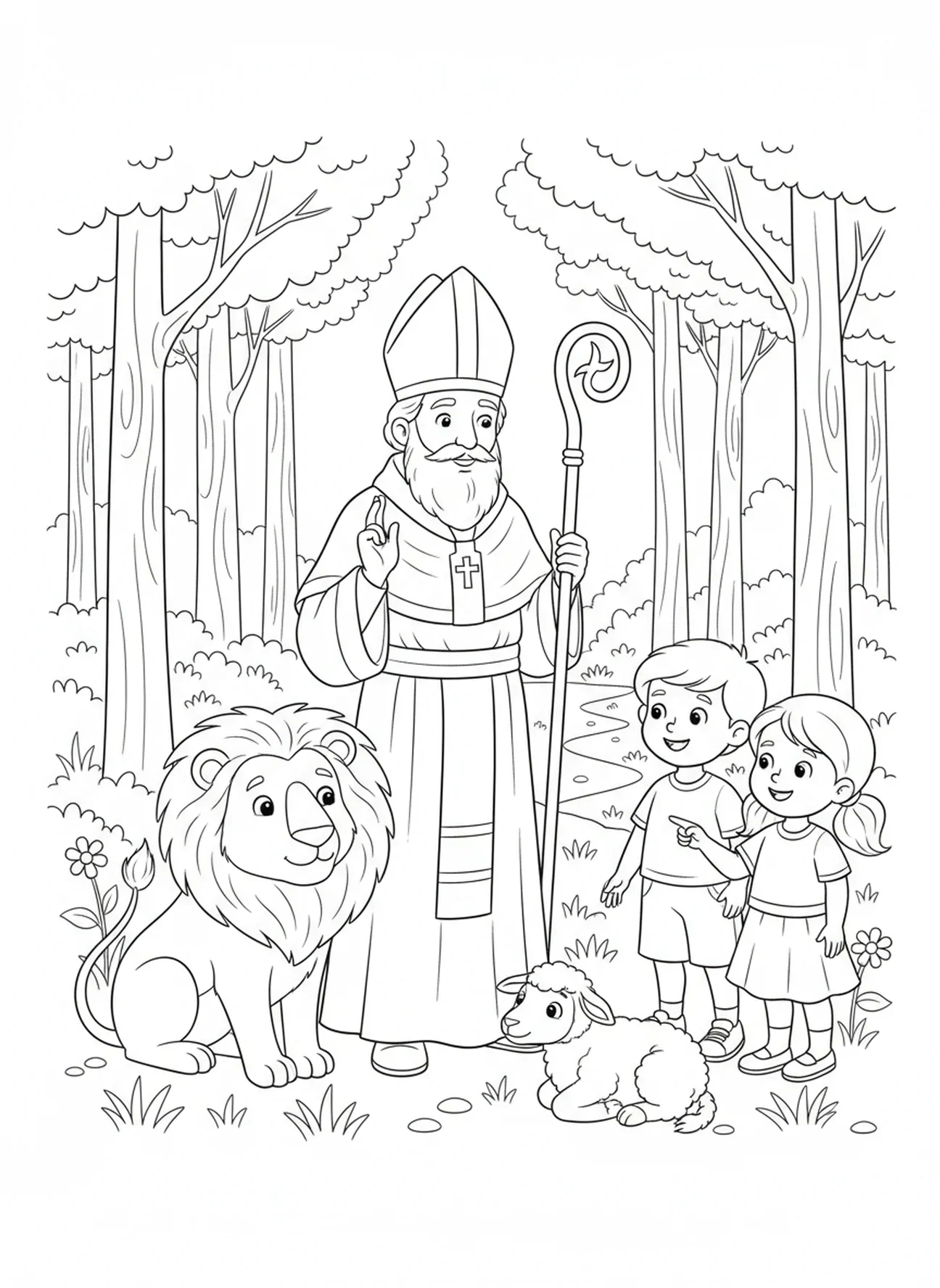 Saint Blaise avec des animaux, page à colorier Saint Blaise pour enfants de 5 à 10 ans