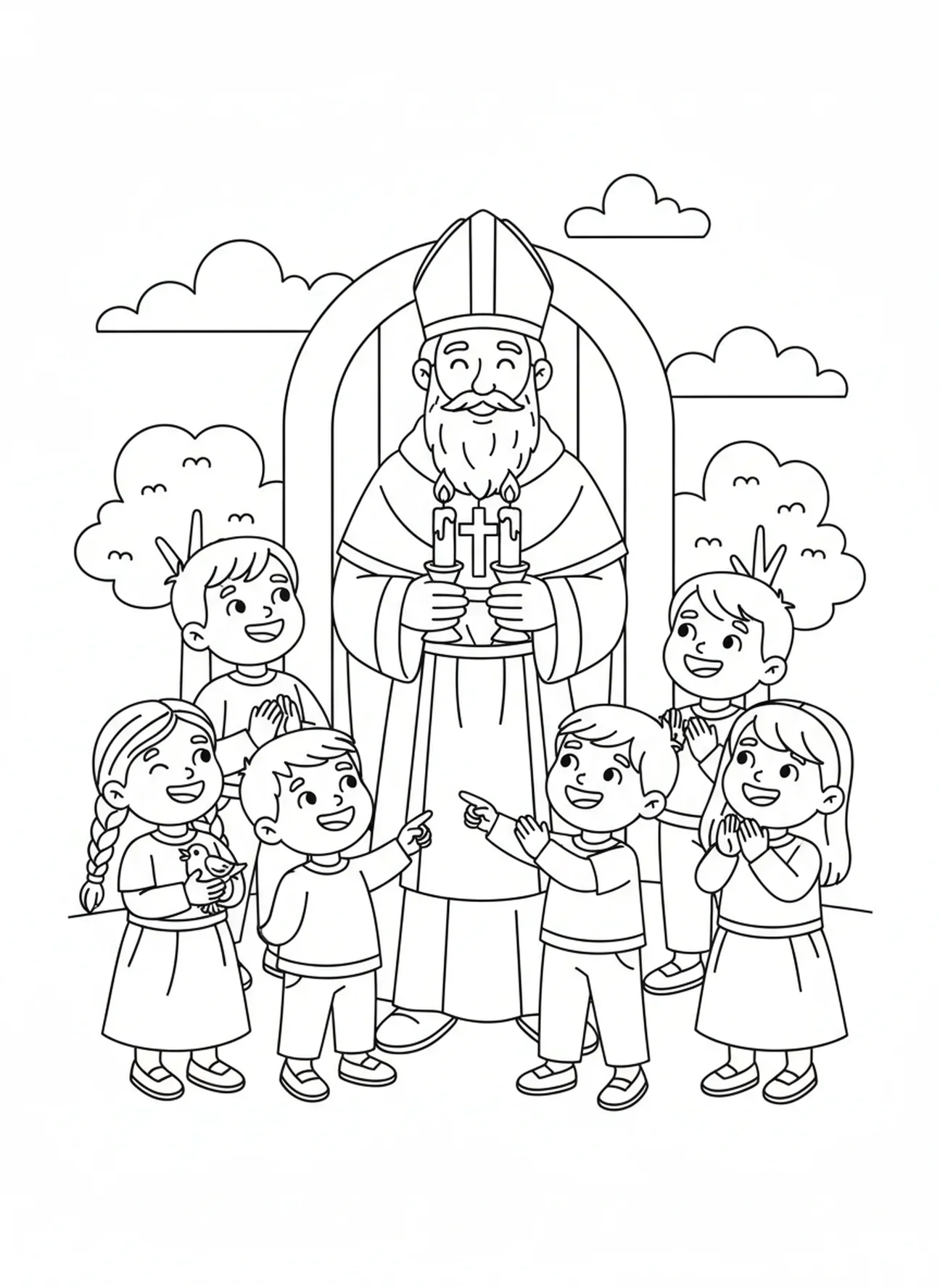 Saint Blaise tenant des bougies, page à colorier de Saint Blaise pour enfants de 5 à 10 ans
