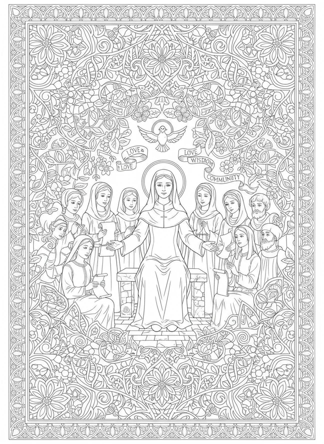 Sainte Brigitte avec sa communauté, page à colorier Sainte Brigitte pour le journal biblique style adulte