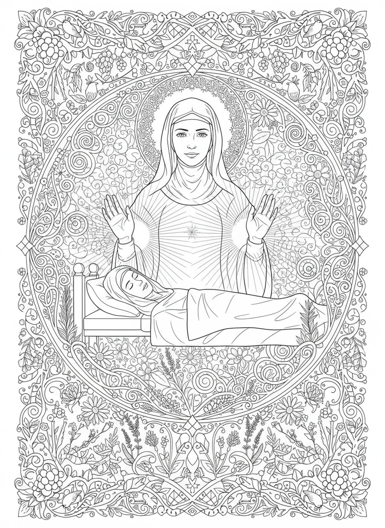 Sainte Brigitte guérissant les malades, page à colorier Sainte Brigitte pour adultes dans le style du journal biblique