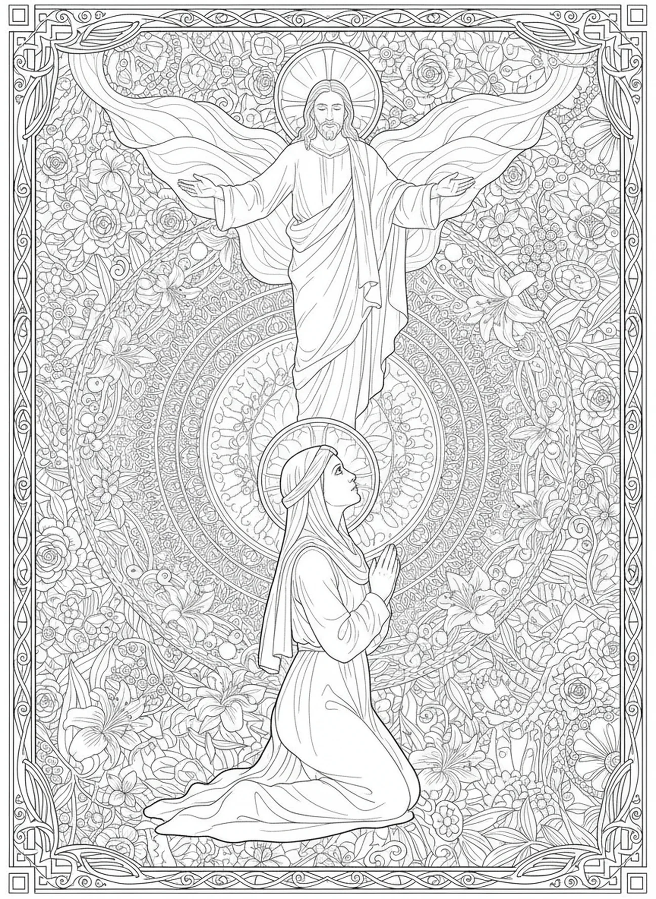 La vision du Christ par Sainte Brigitte, page à colorier pour adultes dans le style du journal biblique