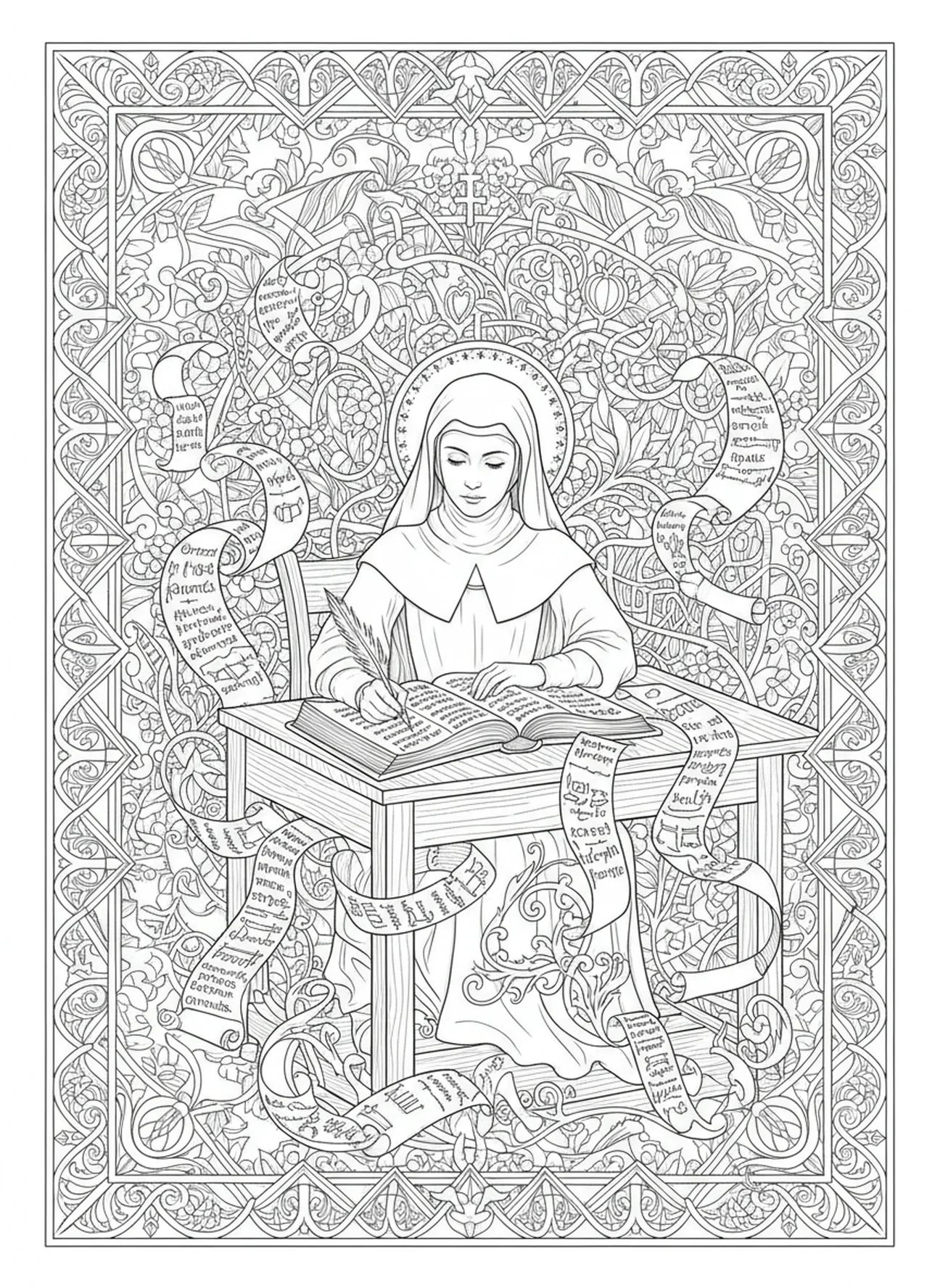 Sainte Brigitte écrivant des révélations, page à colorier Sainte Brigitte pour adultes dans le style du journal biblique