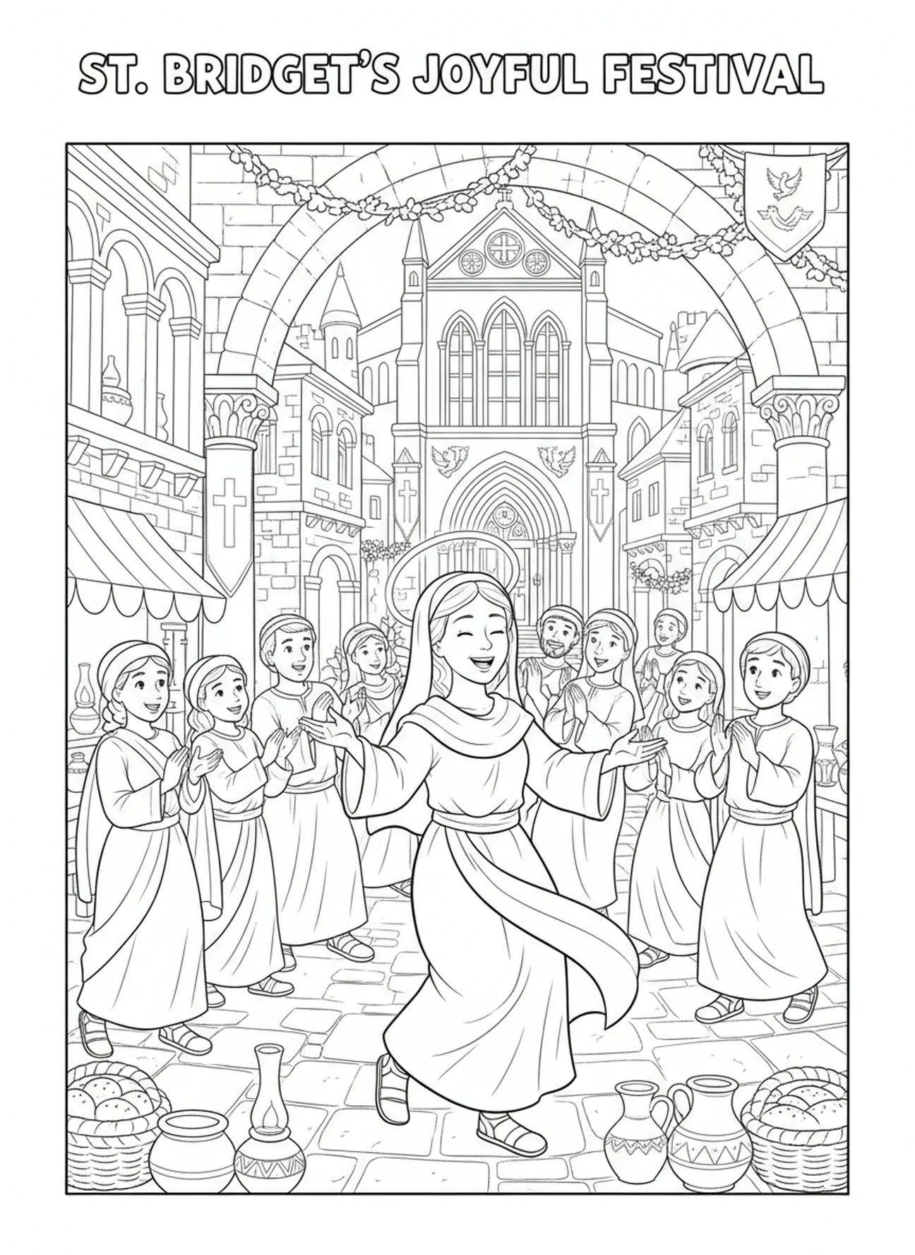 Sainte Brigitte célébrant avec les habitants, page à colorier de Sainte Brigitte pour les enfants de l'École du dimanche âgés de 5 à 12 ans