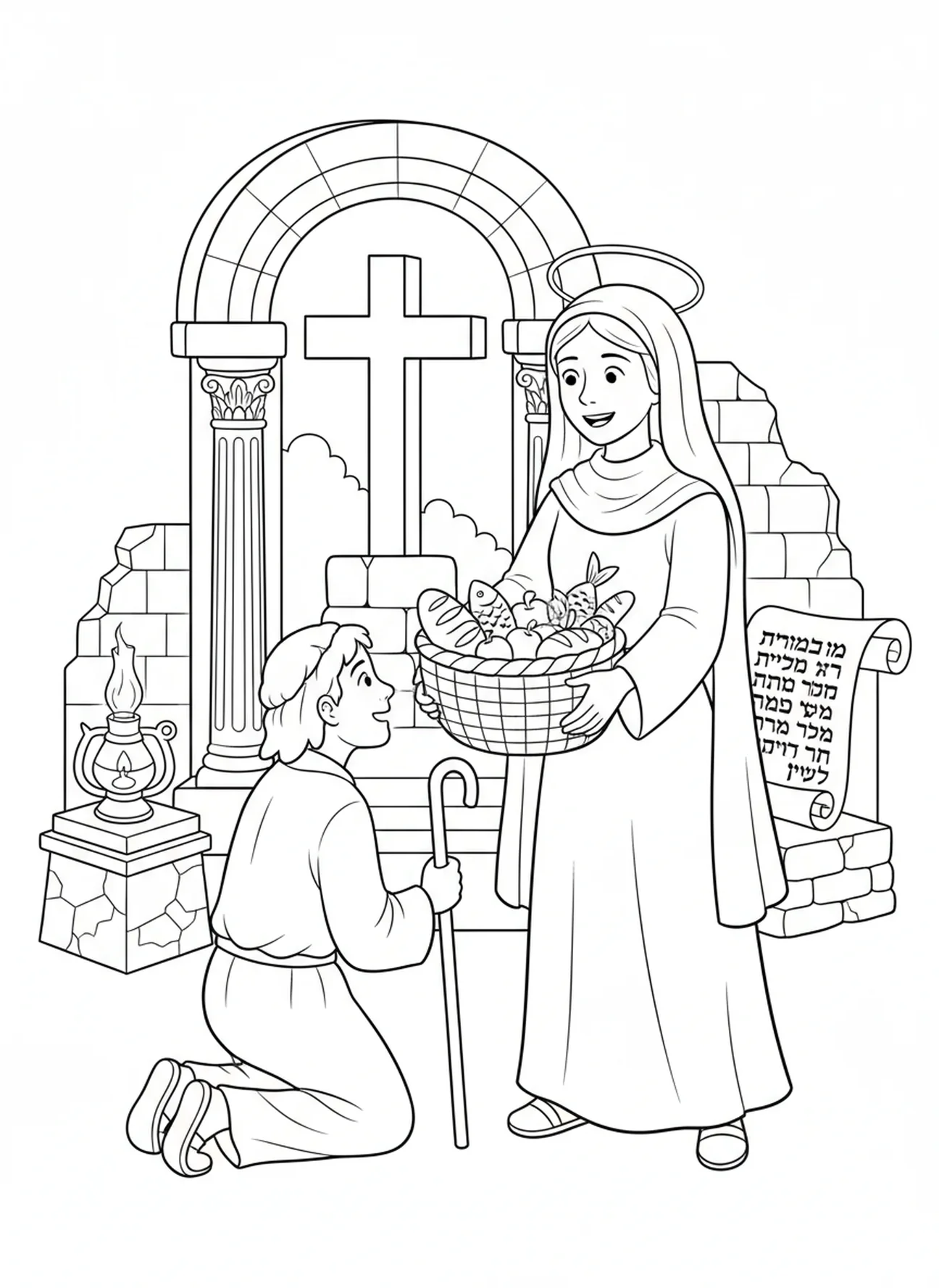Sainte Brigitte donnant de la nourriture aux pauvres, page à colorier Sainte Brigitte pour les enfants de l'École du dimanche âgés de 5 à 12 ans