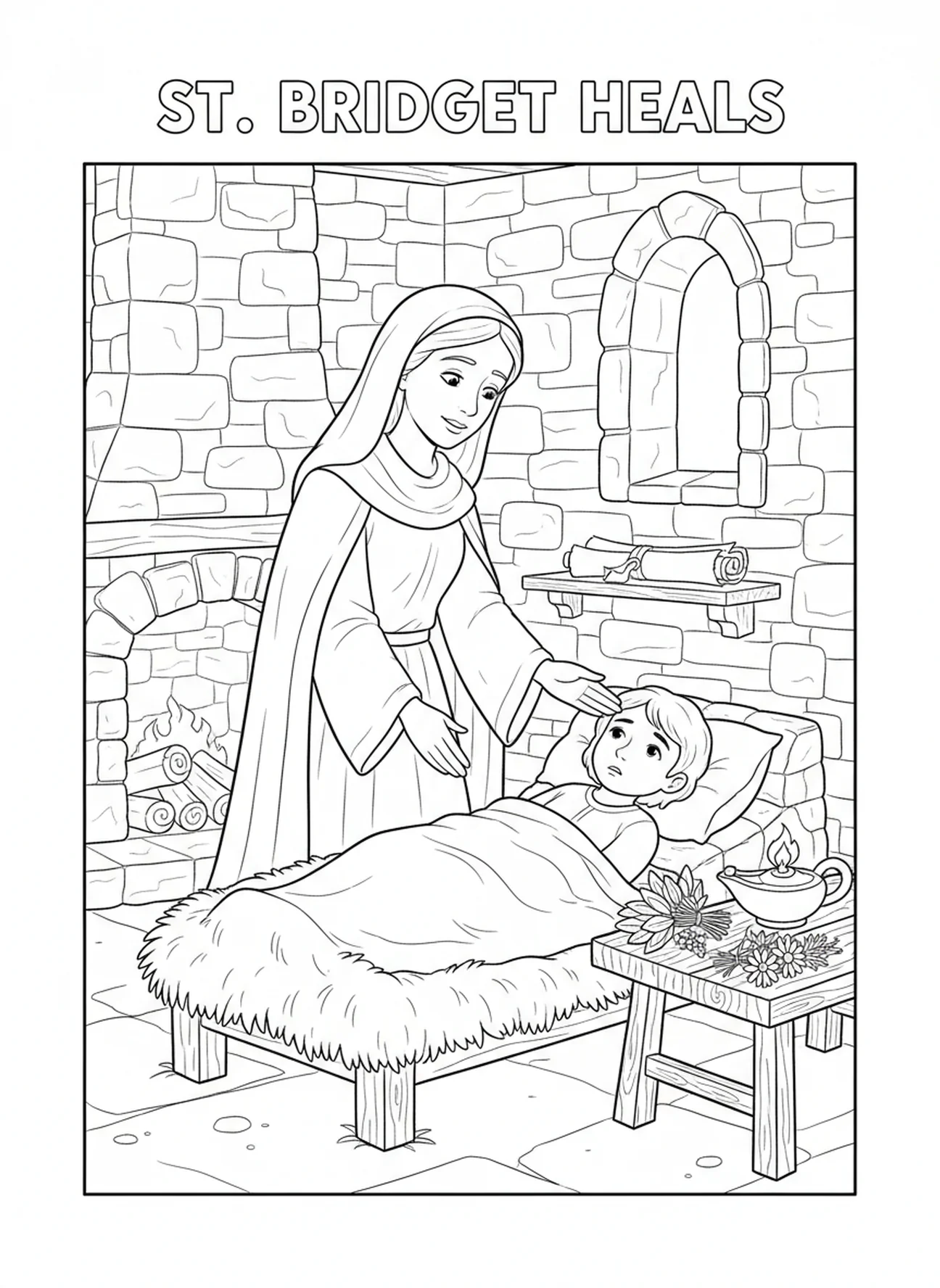 Sainte Brigitte guérissant un enfant, page à colorier Sainte Brigitte pour les enfants de l'École du dimanche âgés de 5 à 12 ans