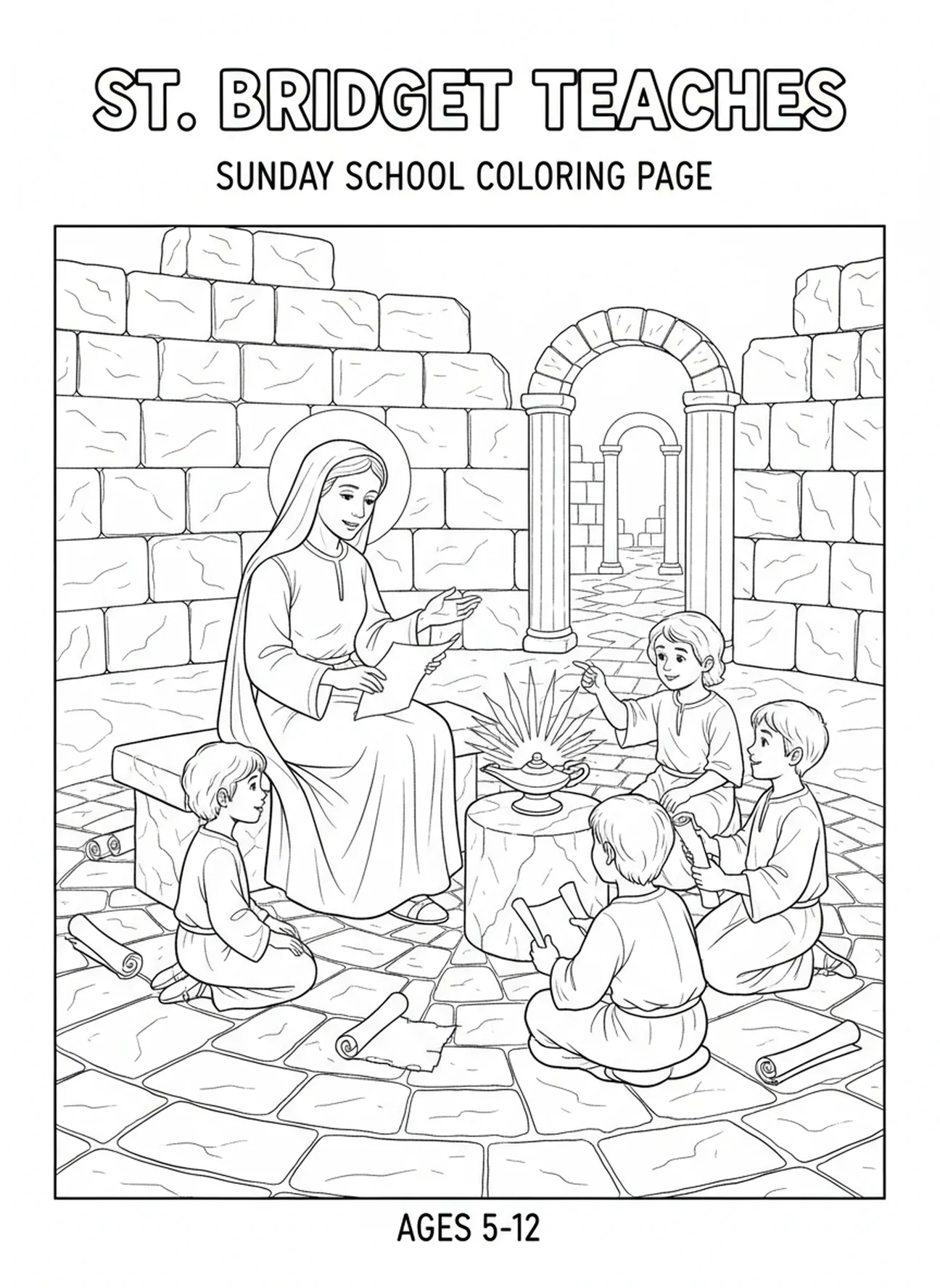Sainte Brigitte enseignant des enfants, page à colorier Sainte Brigitte pour l'École du dimanche, enfants de 5 à 12 ans