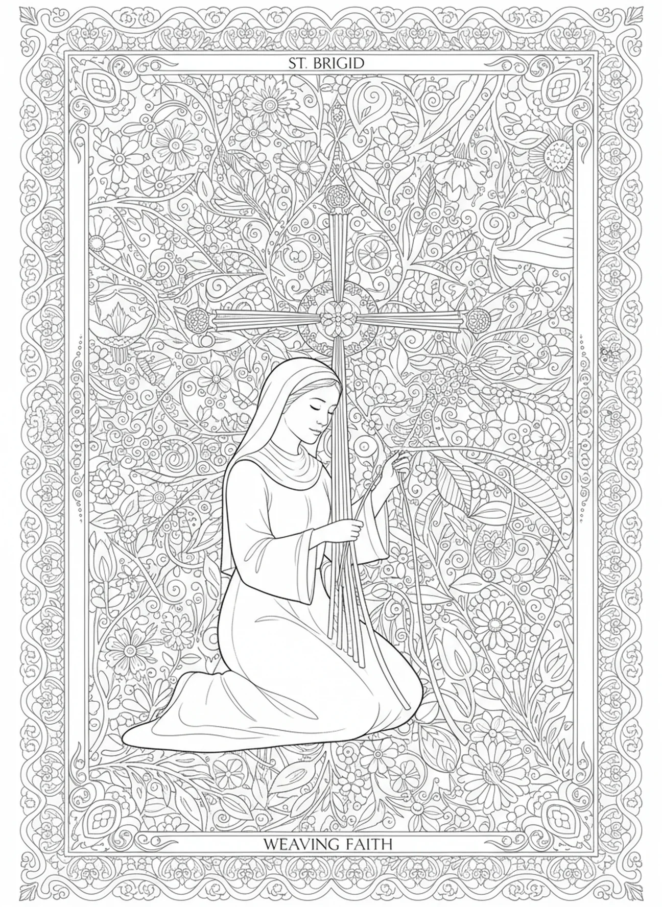 Santa Brígida tecendo uma cruz, página de colorir de Santa Brígida de Kildare para adultos no estilo de journaling bíblico.