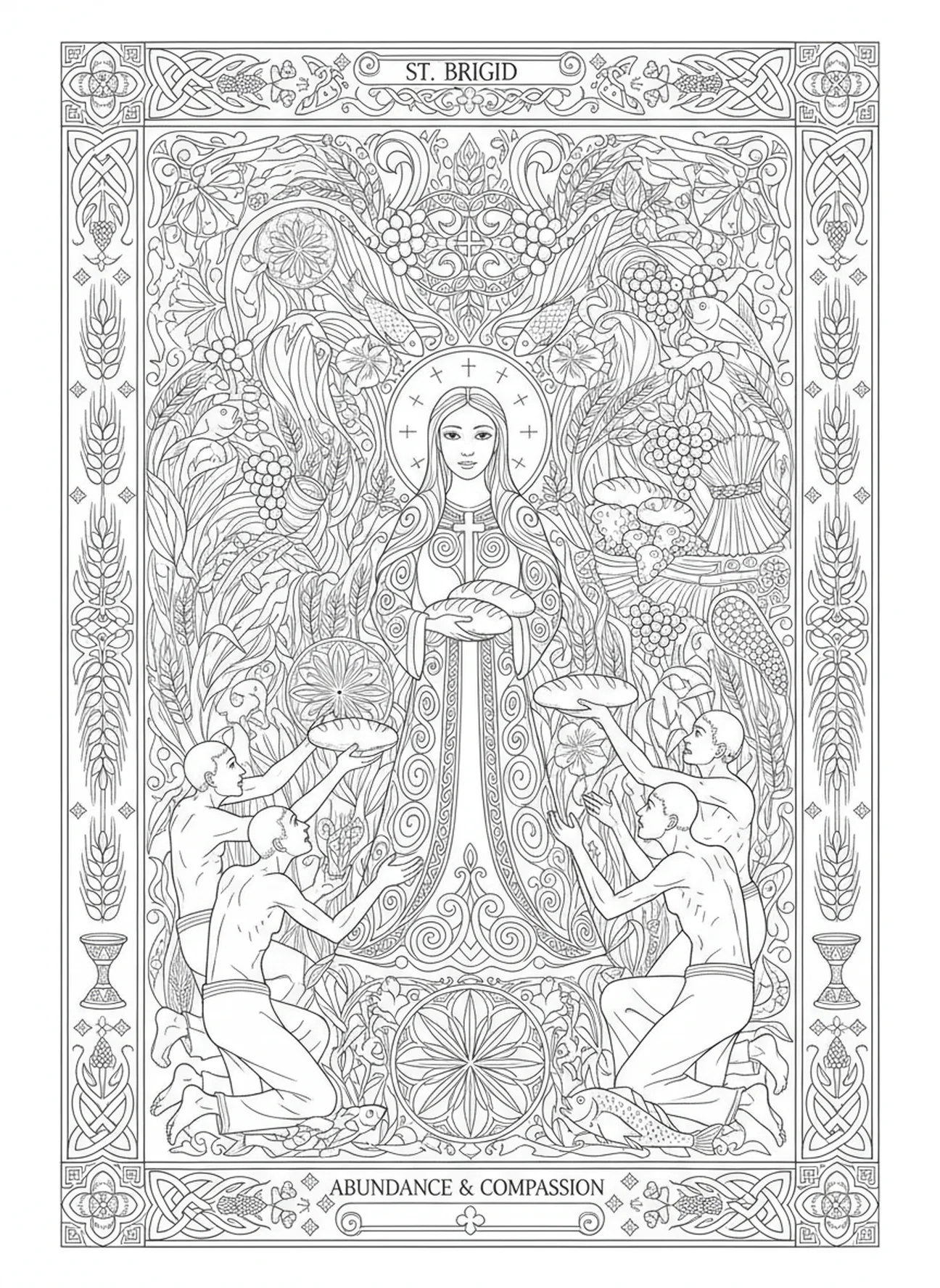 Santa Brígida alimentando os necessitados, página para colorir de Santa Brígida de Kildare no estilo de journaling bíblico para adultos.