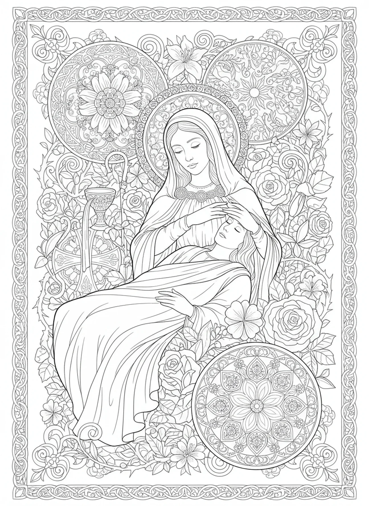 São Brígida curando os enfermos, página para colorir de São Brígida de Kildare no estilo de journaling bíblico para adultos.