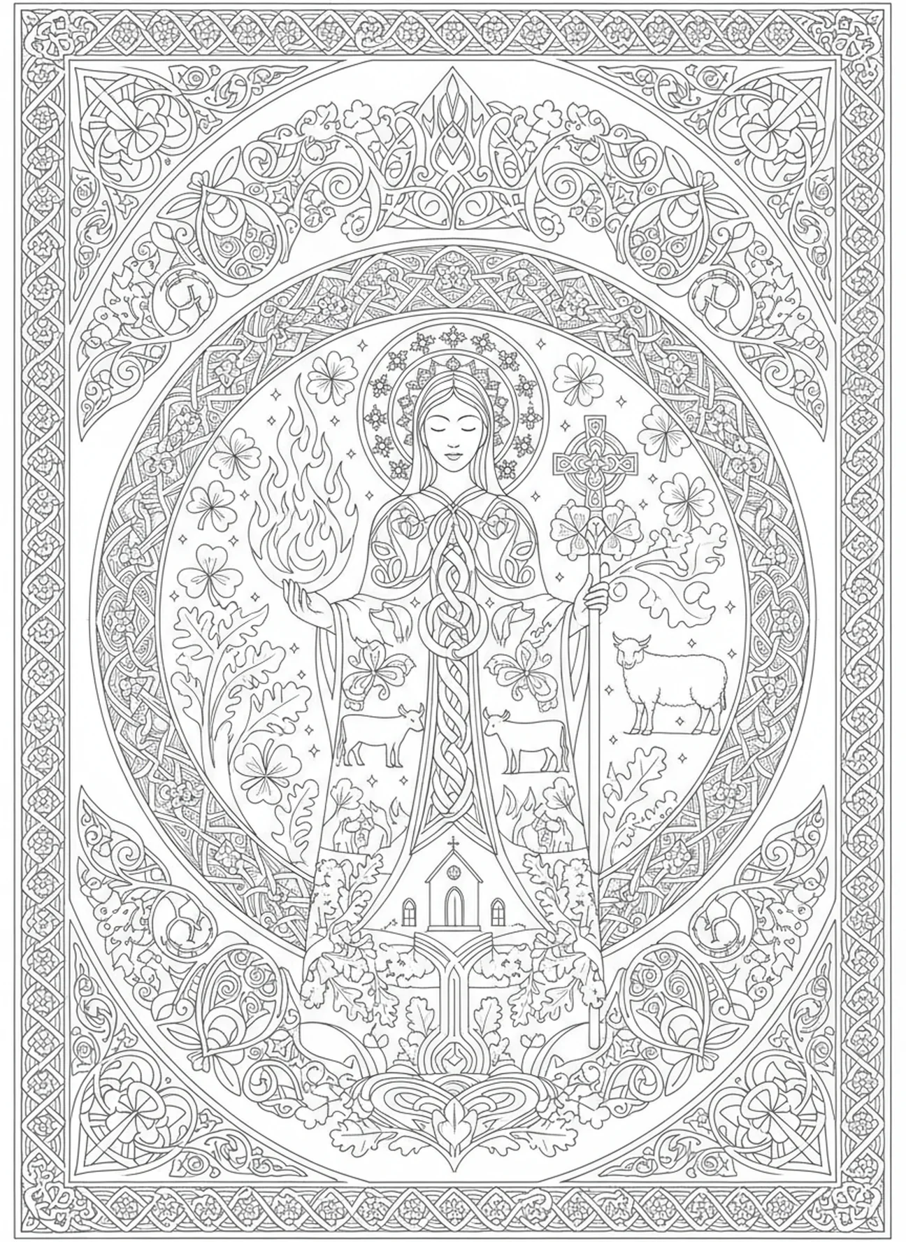 O legado de Santa Brígida, página para colorir de Santa Brígida de Kildare no estilo de journaling bíblico para adultos.