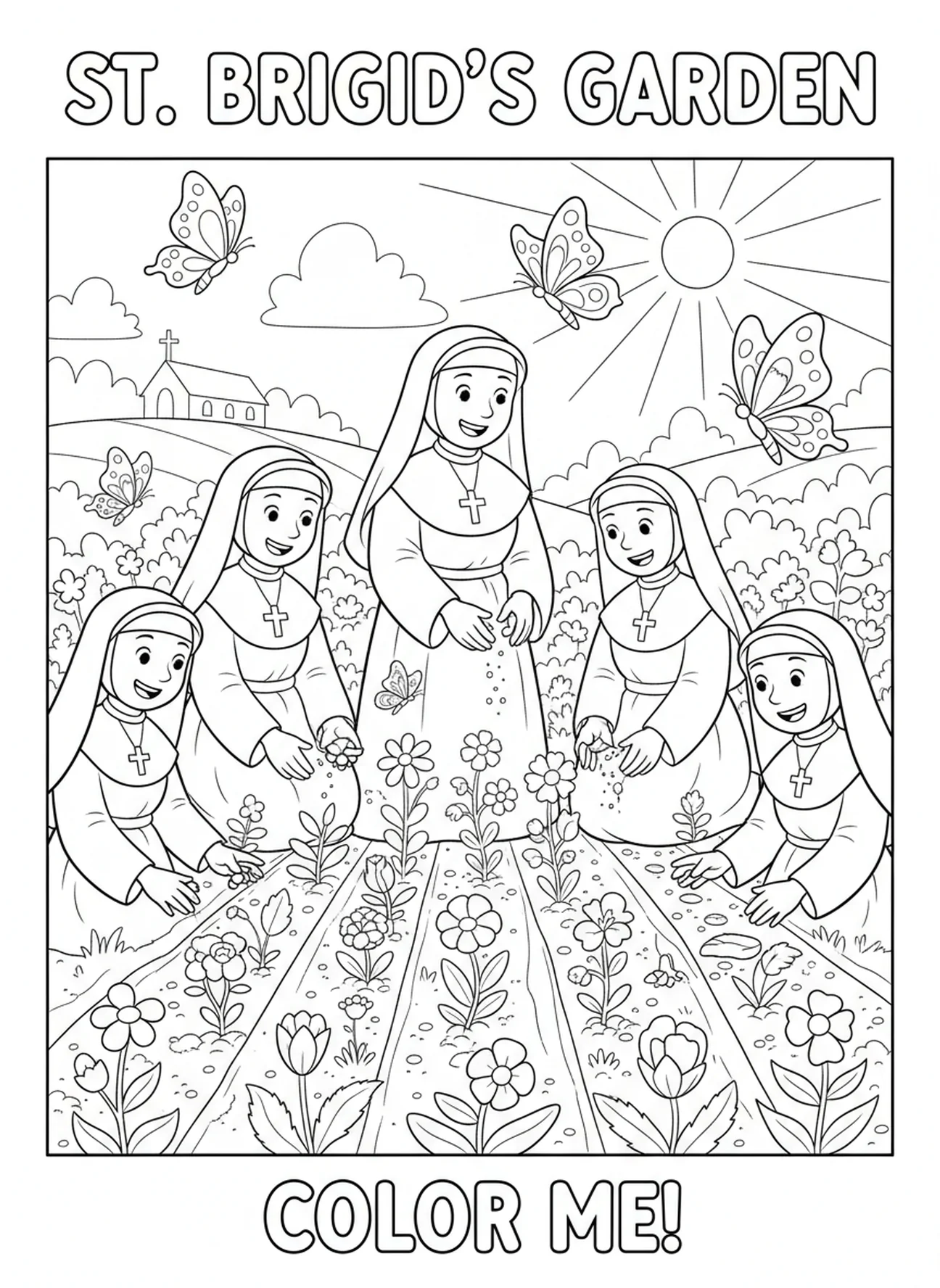 Santa Brígida sembrando semillas, página para colorear de Santa Brígida de Kildare para niños de 5 a 10 años