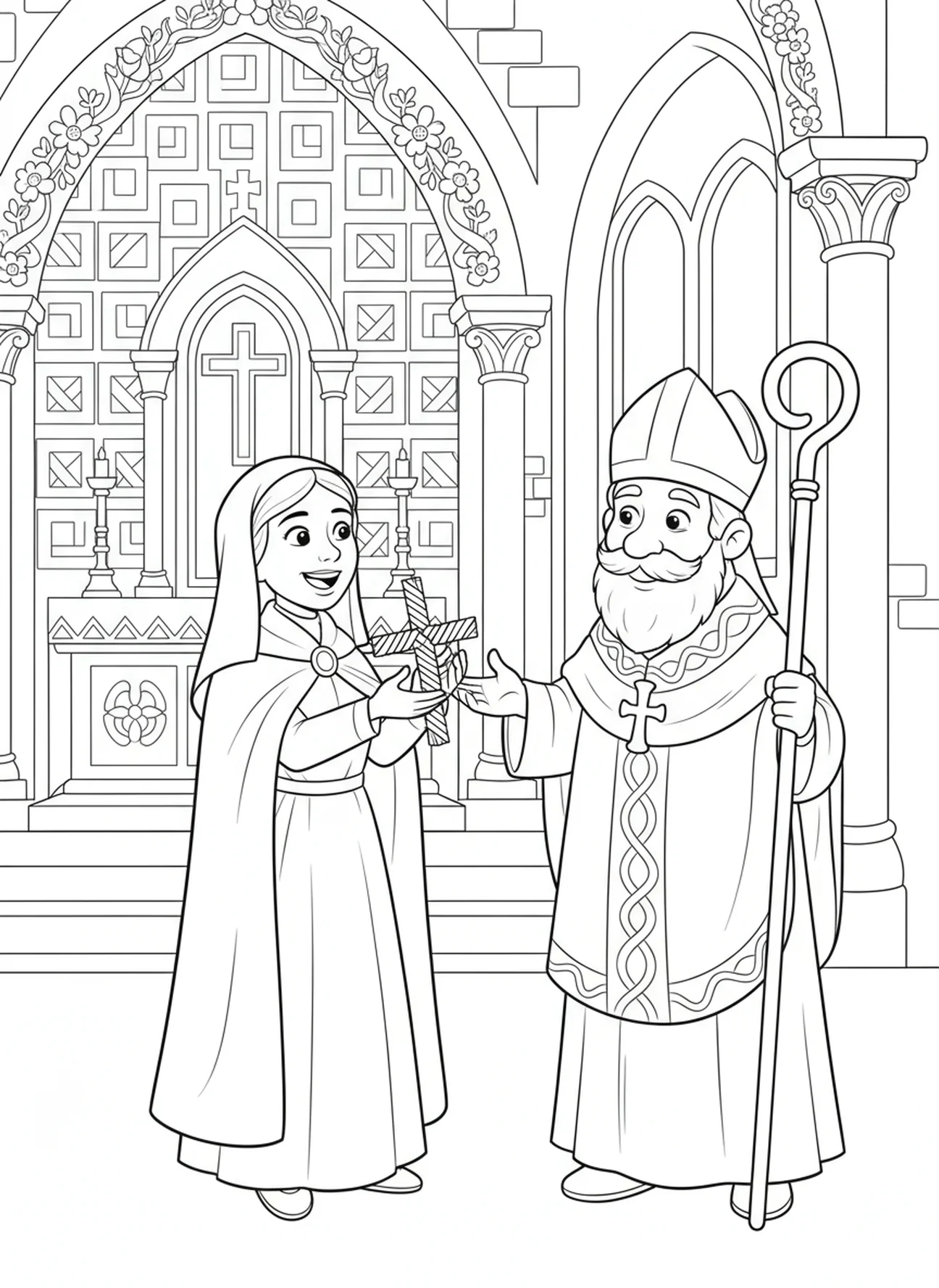 Santa Brígida presentando una cruz, página para colorear de Santa Brígida de Kildare para niños de 5 a 10 años