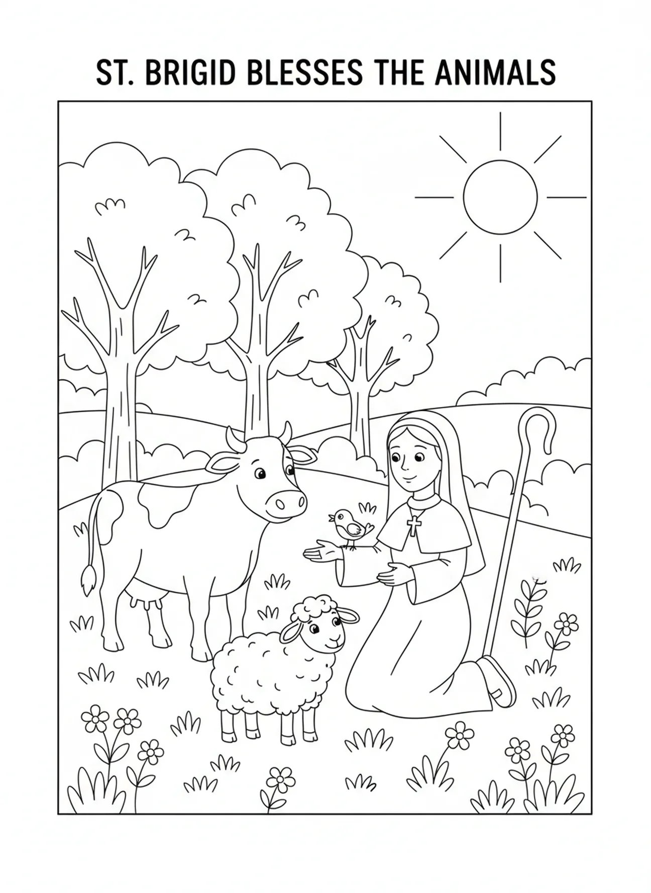 Santa Brígida bendiciendo animales, página para colorear de Santa Brígida de Kildare para niños de 5 a 10 años