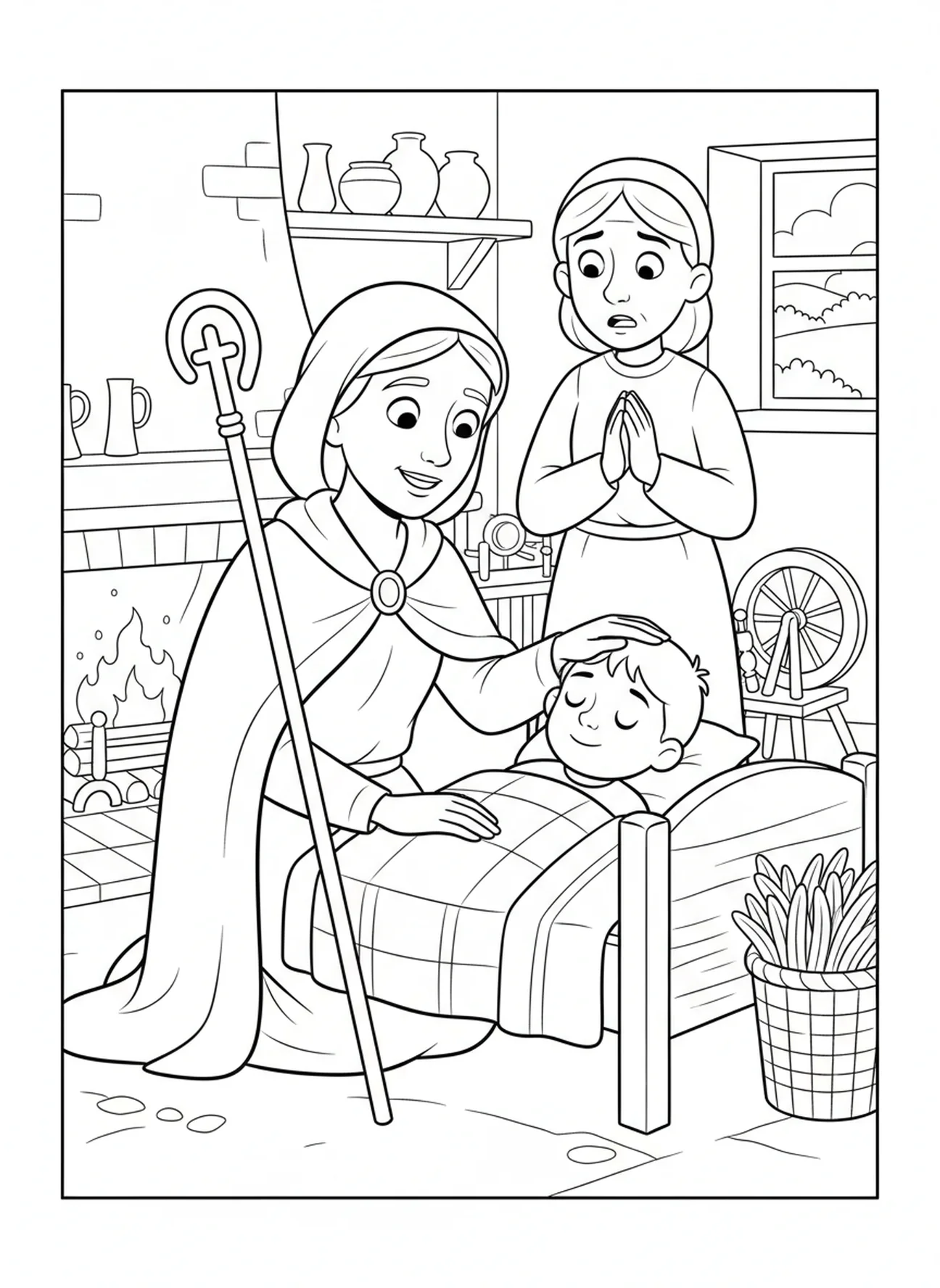Santa Brígida sanando a un niño, página para colorear de Santa Brígida de Kildare para niños de 5 a 10 años