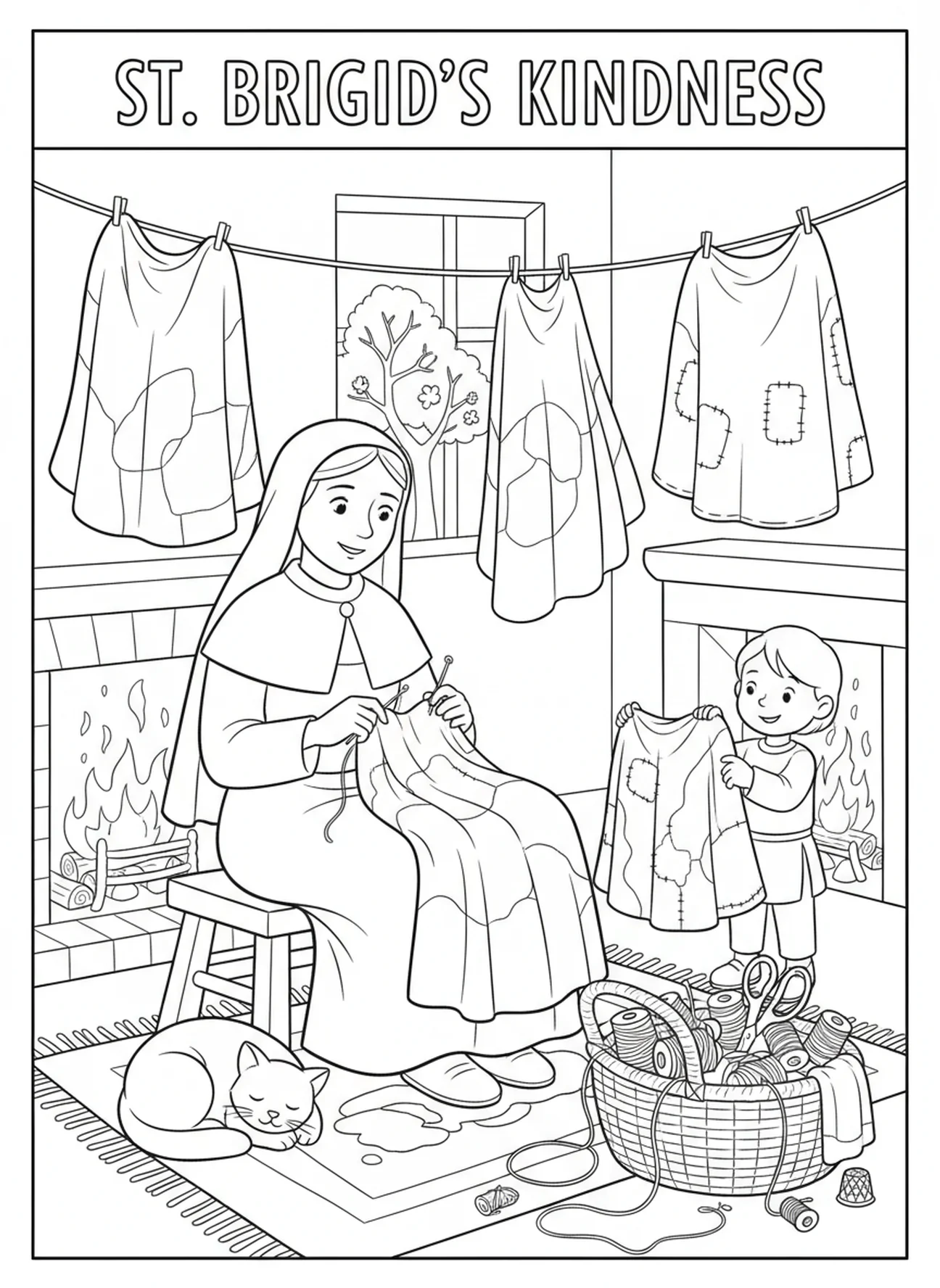 Santa Brígida cosiendo capas, página para colorear de Santa Brígida de Kildare para niños de 5 a 10 años