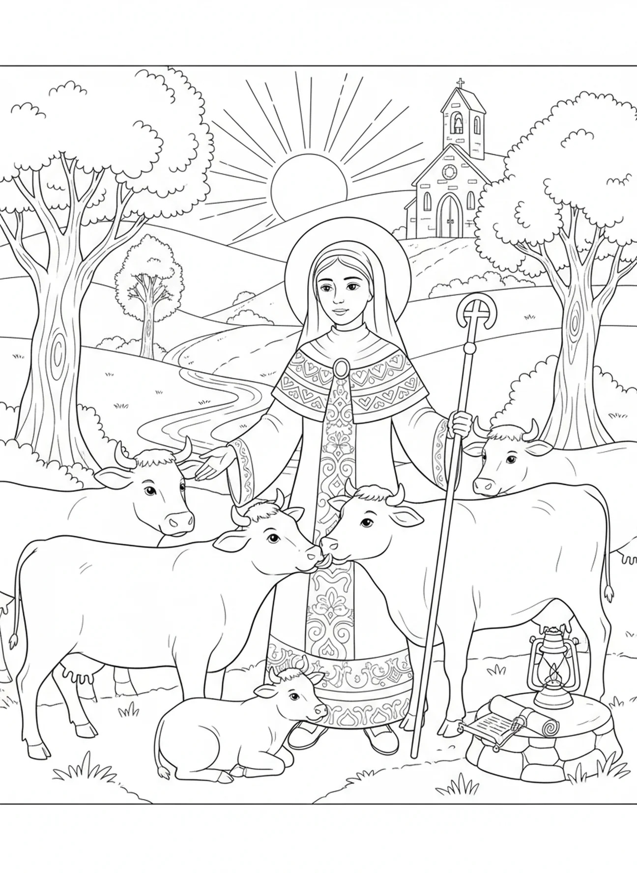 Sainte Brigitte avec des vaches dans un paysage pastoral, page à colorier de Sainte Brigitte de Kildare pour les enfants de l'École du dimanche âgés de 5 à 12 ans.