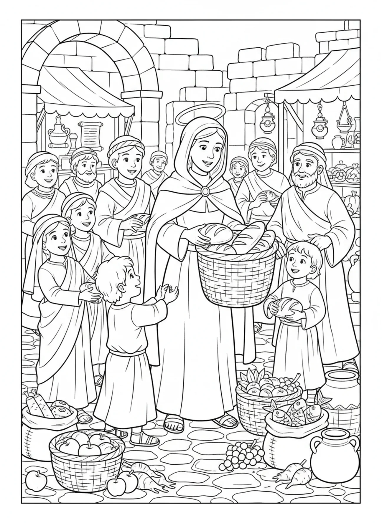 Sainte Brigitte partageant du pain, page à colorier Sainte Brigitte de Kildare pour les enfants de l'École du dimanche âgés de 5 à 12 ans.