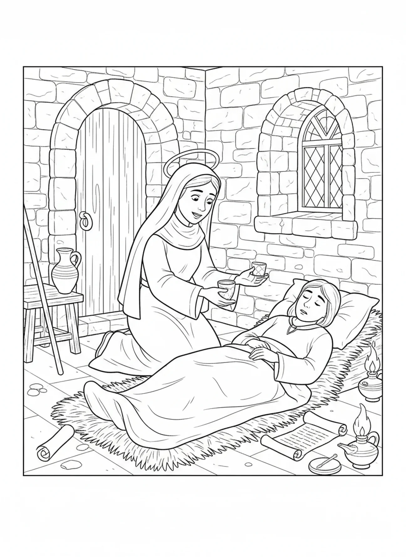 Sainte Brigitte guérissant les malades, page à colorier de Sainte Brigitte de Kildare pour les enfants de l'École du dimanche âgés de 5 à 12 ans.