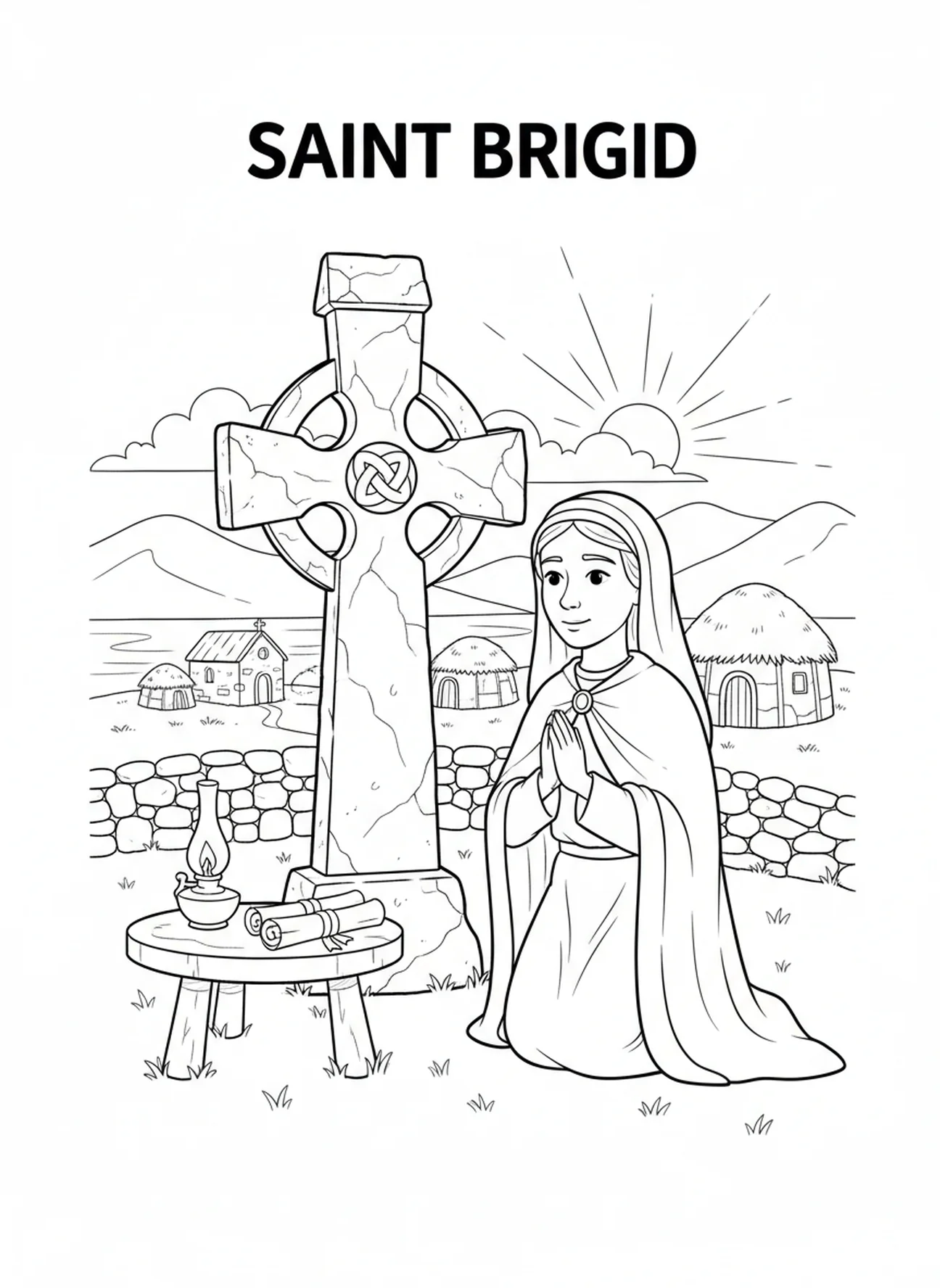 Sainte Brigitte priant devant une croix en pierre, page à colorier Sainte Brigitte de Kildare pour les enfants de l'École du dimanche âgés de 5 à 12 ans.