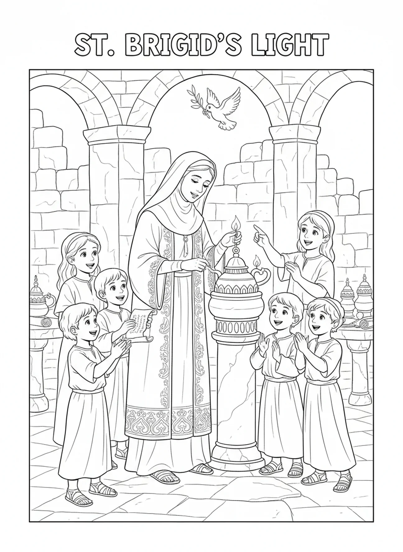 Sainte Brigitte allumant une lampe à huile, page à colorier de Sainte Brigitte de Kildare pour les enfants de l'École du dimanche âgés de 5 à 12 ans.