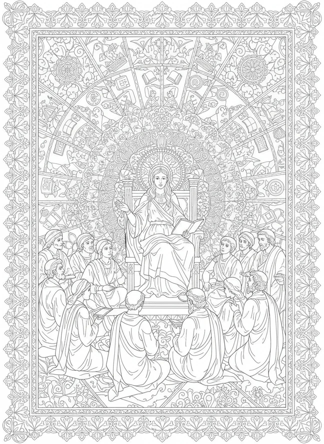 Catarina ensinando seus seguidores, página para colorir de Santa Catarina de Siena no estilo de journaling bíblico para adultos