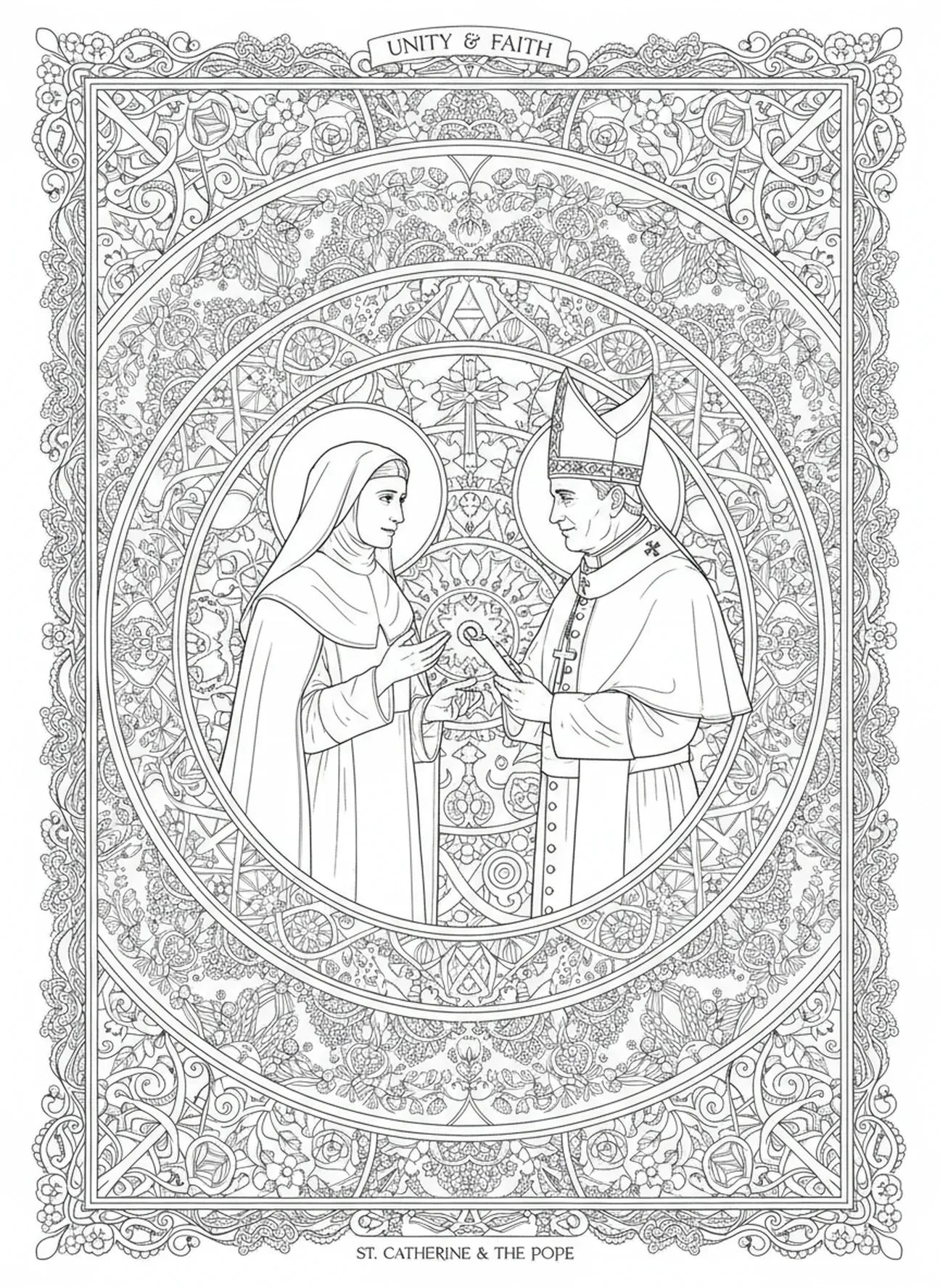 Catarina conversando com o Papa, página para colorir de Santa Catarina de Siena no estilo de journaling bíblico para adultos