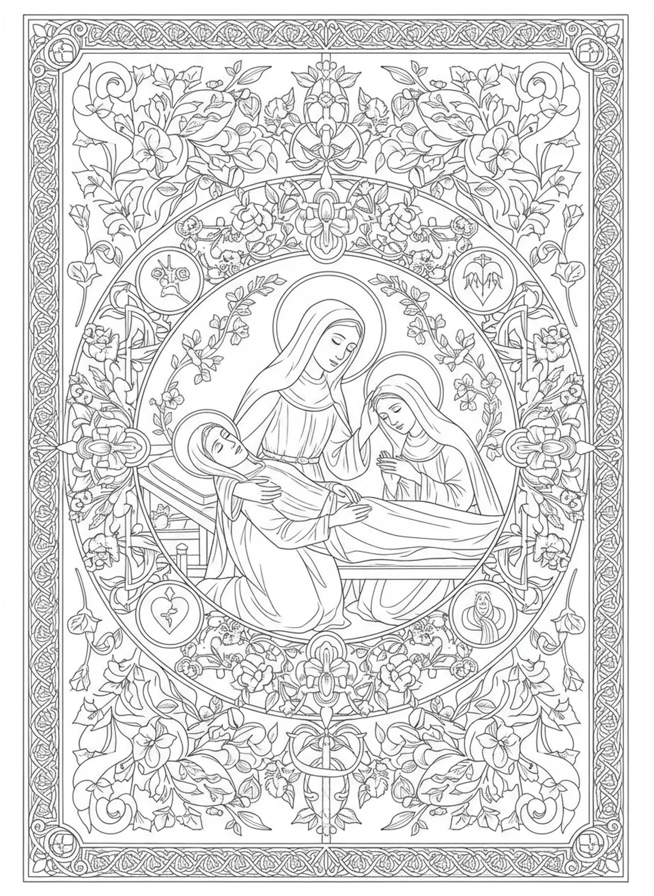 Catarina curando os doentes, página para colorir de Santa Catarina de Siena no estilo de journaling bíblico para adultos