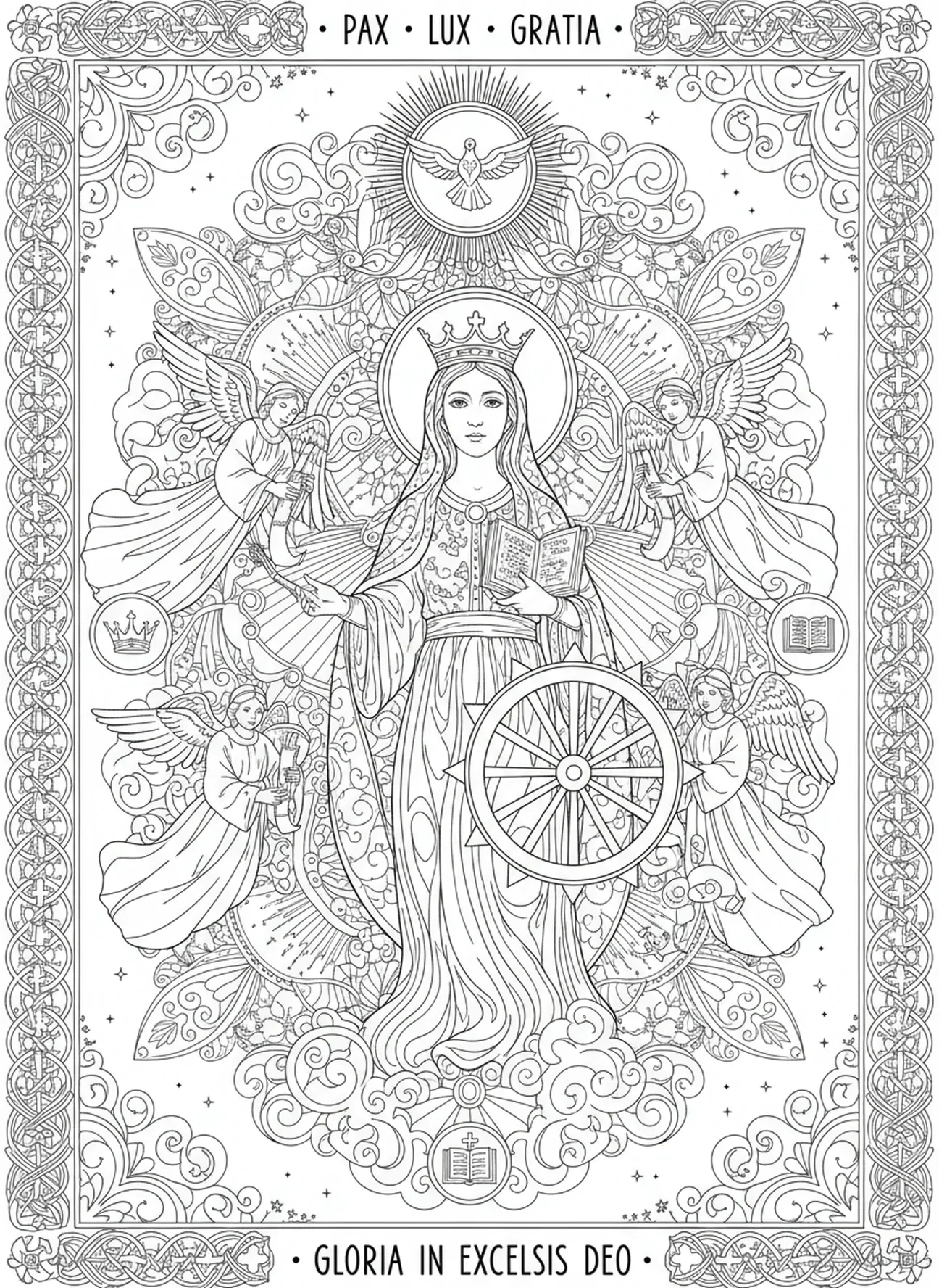 Catarina no céu, página para colorir de Santa Catarina de Siena no estilo de journaling bíblico para adultos