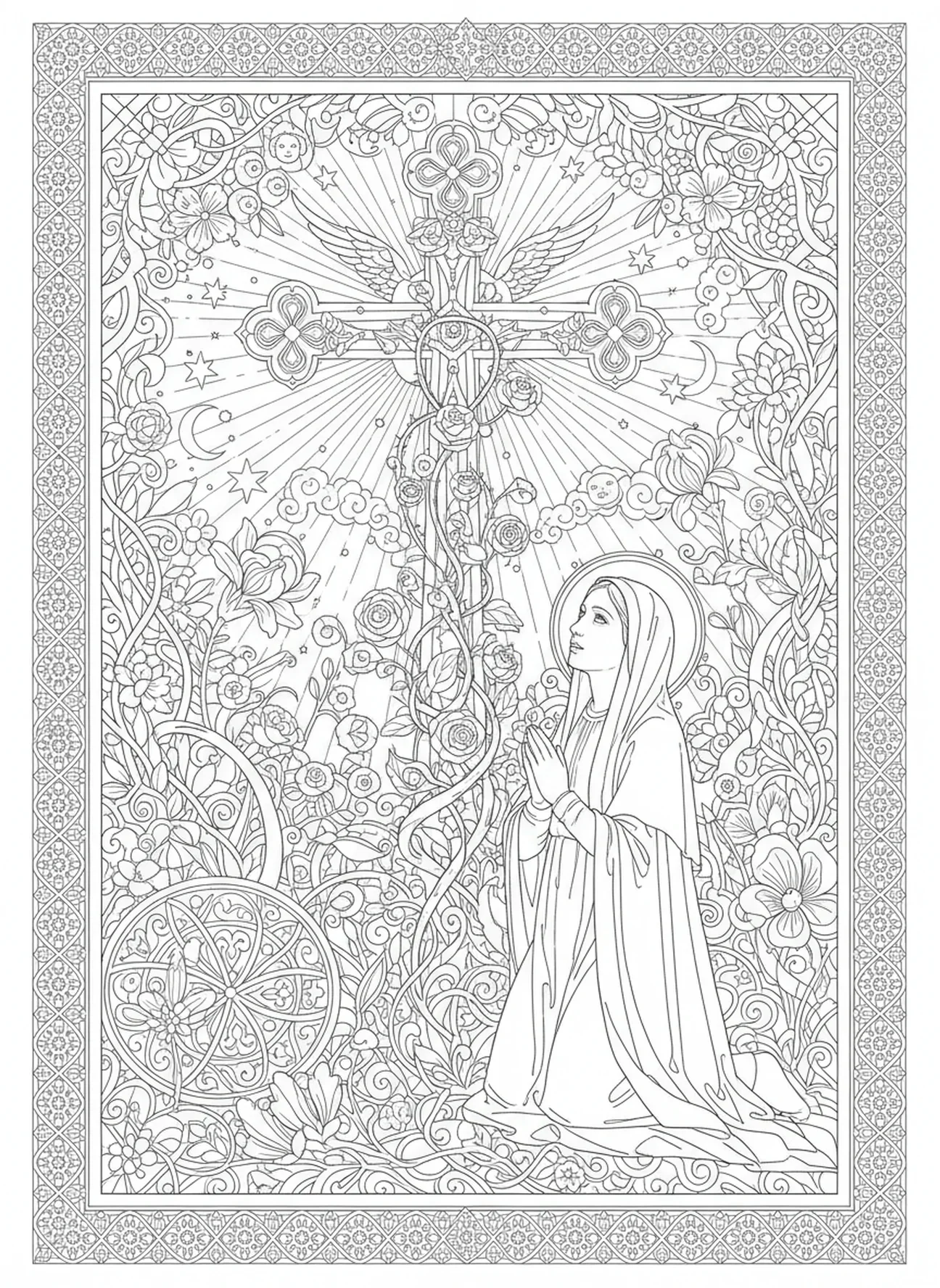 Visão da cruz, página para colorir de Santa Catarina de Siena no estilo de journaling bíblico para adultos