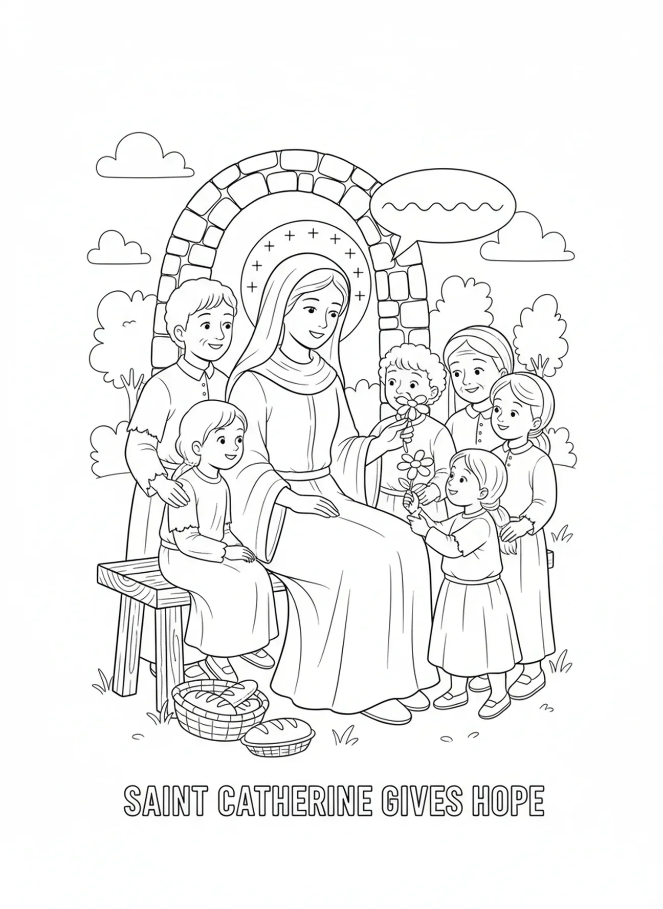 Santa Catarina compartilhando conforto, página para colorir de Santa Catarina de Siena para crianças de 5 a 10 anos.
