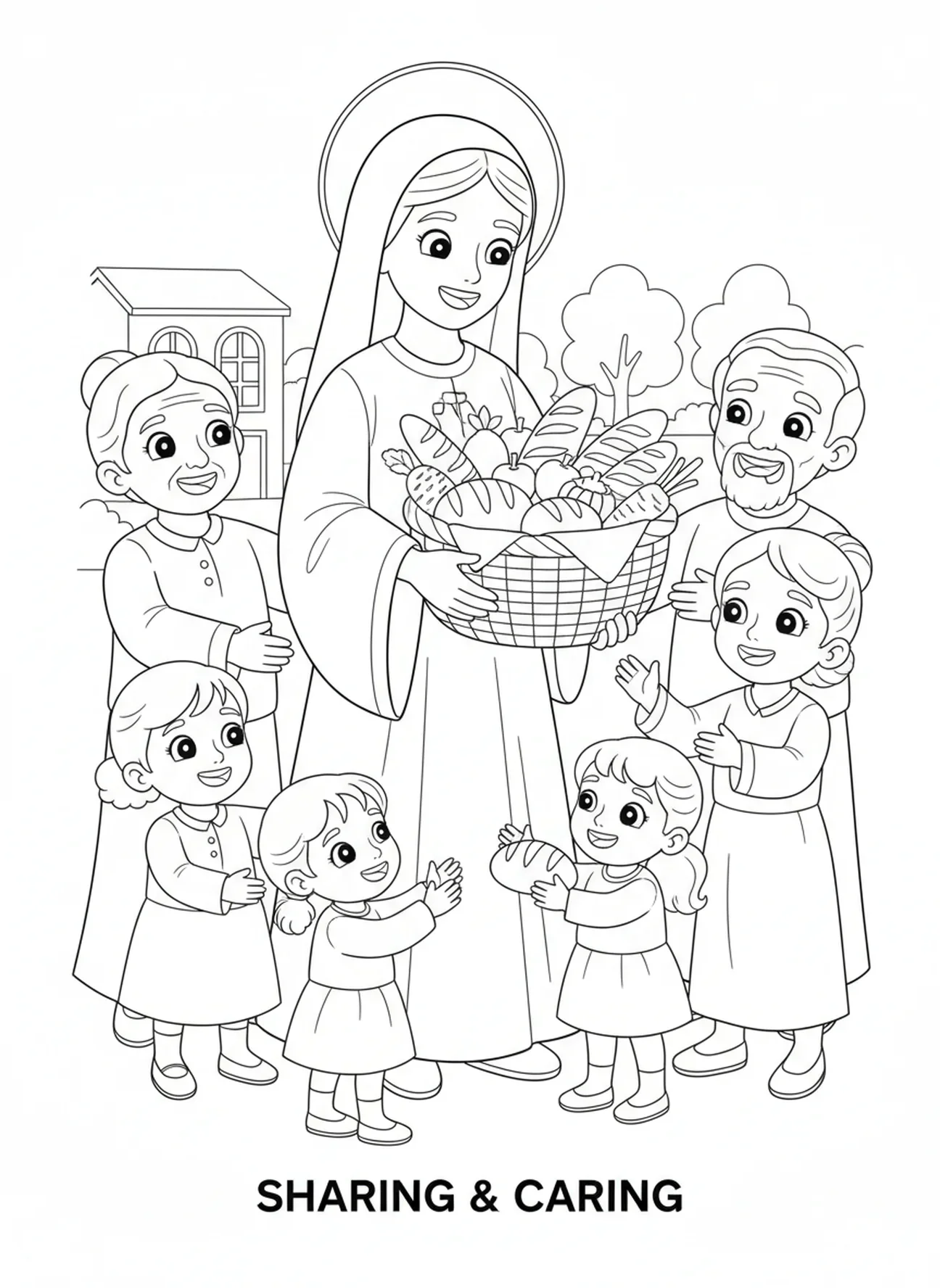 Santa Catarina oferecendo comida, página para colorir de Santa Catarina de Siena para crianças de 5 a 10 anos.