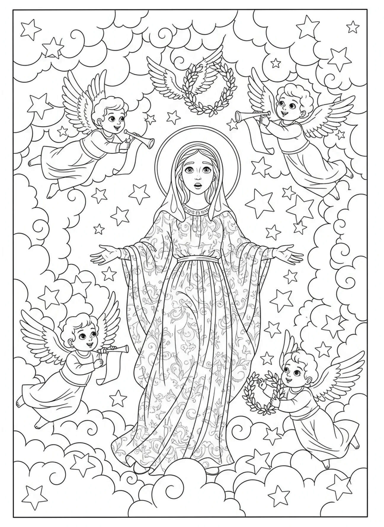 Santa Catarina olhando para os anjos, página de colorir de Santa Catarina de Siena para crianças de 5 a 10 anos.
