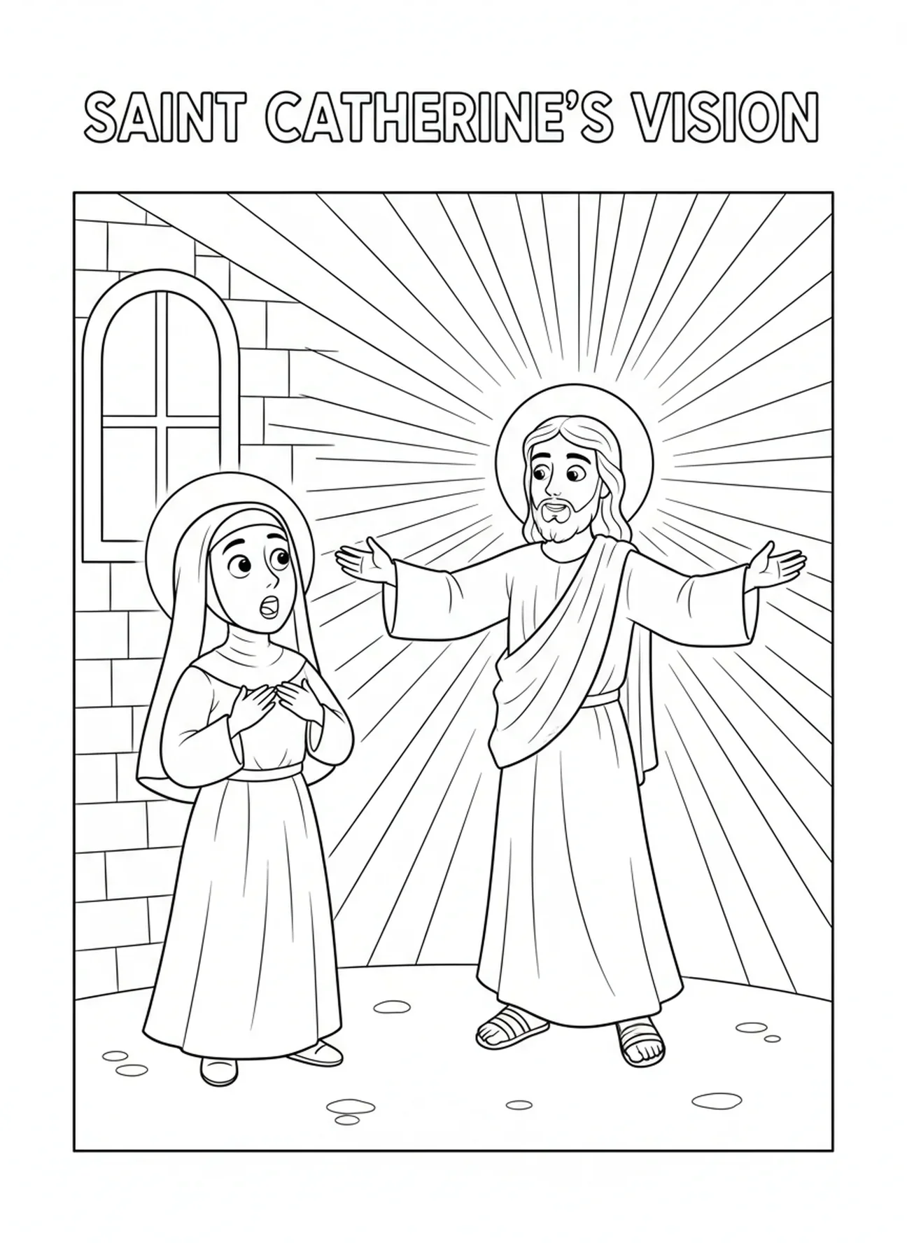 Santa Catarina vendo Jesus, página de colorir de Santa Catarina de Siena para crianças de 5 a 10 anos.