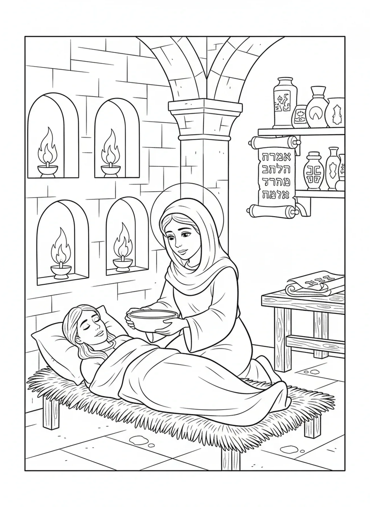 Sainte Catherine s'occupant des malades, page à colorier de Sainte Catherine de Sienne pour les enfants de l'École du dimanche âgés de 5 à 12 ans