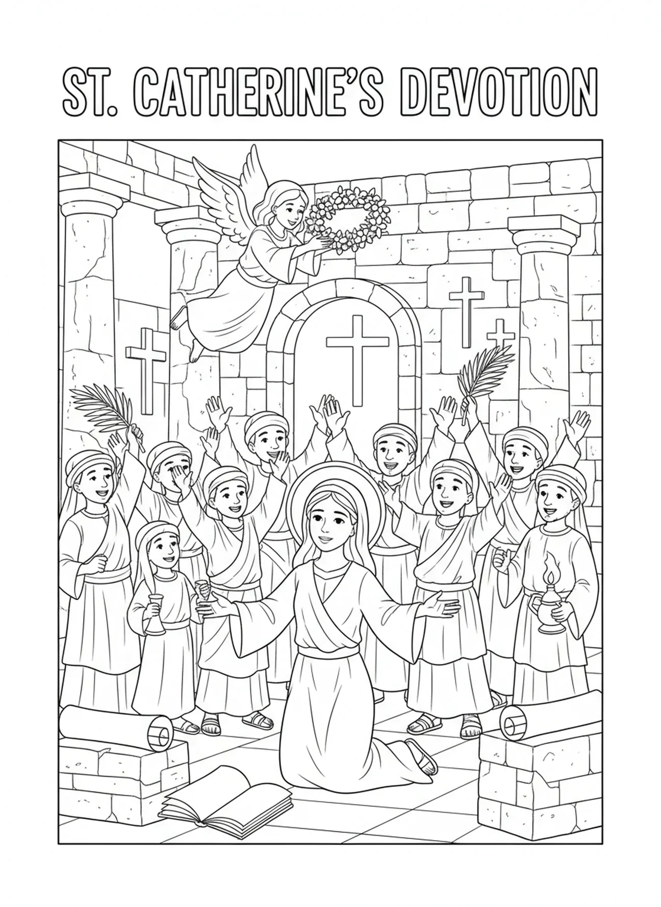 Sainte Catherine recevant une couronne, page à colorier de Sainte Catherine de Sienne pour les enfants de l'École du dimanche âgés de 5 à 12 ans