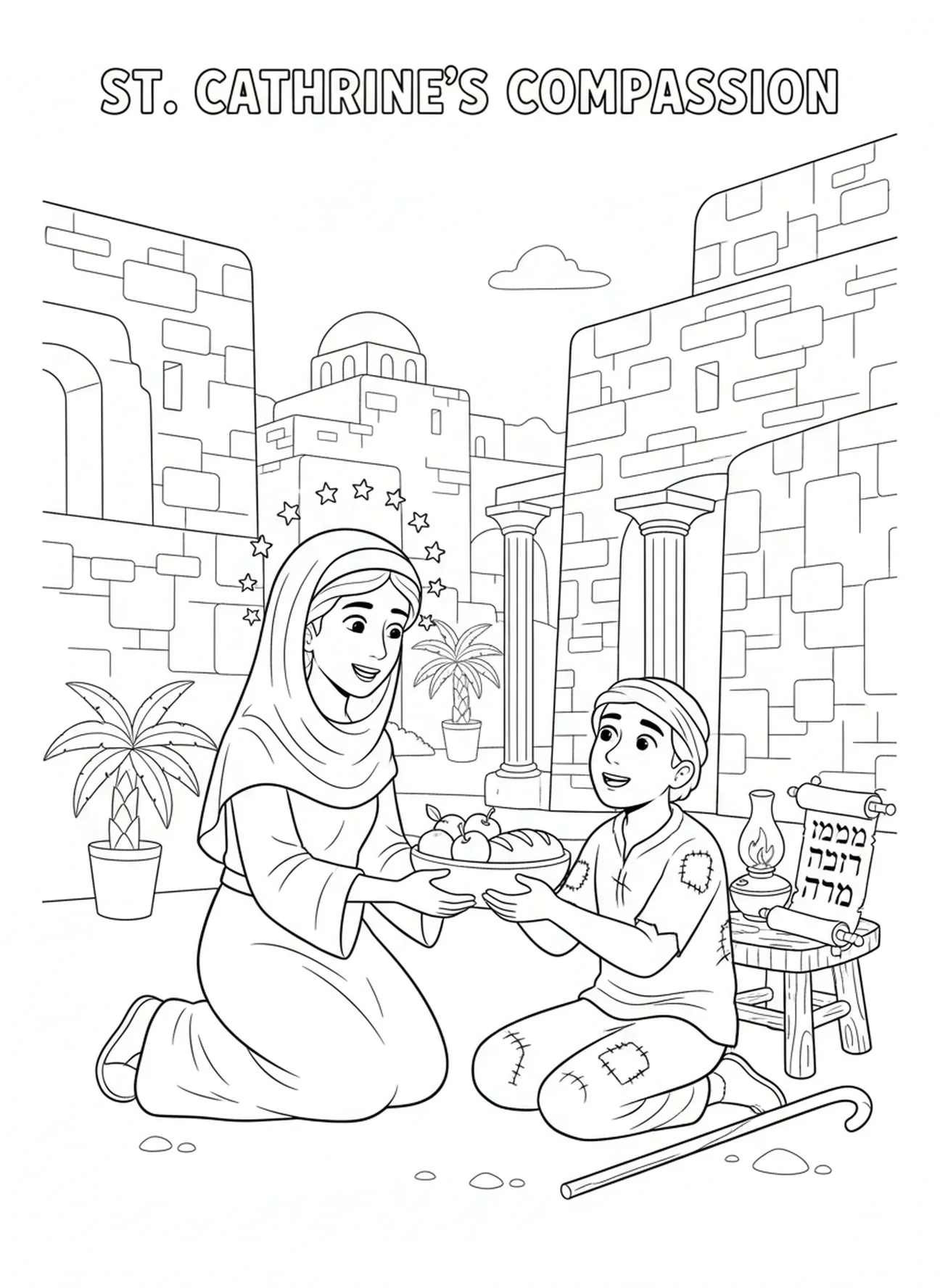 Sainte Catherine aidant les pauvres, page à colorier de Sainte Catherine de Sienne pour les enfants de l'École du dimanche âgés de 5 à 12 ans