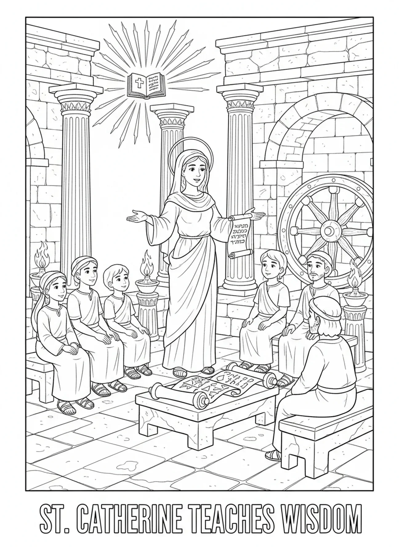 Sainte Catherine enseignant la foule, page à colorier de Sainte Catherine de Sienne pour les enfants de l'école du dimanche âgés de 5 à 12 ans