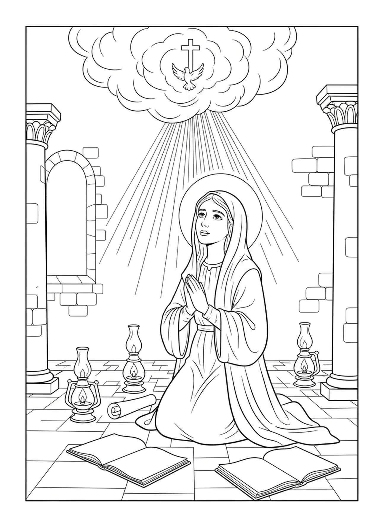 Sainte Catherine recevant une vision, page à colorier de Sainte Catherine de Sienne pour les enfants de l'École du dimanche âgés de 5 à 12 ans