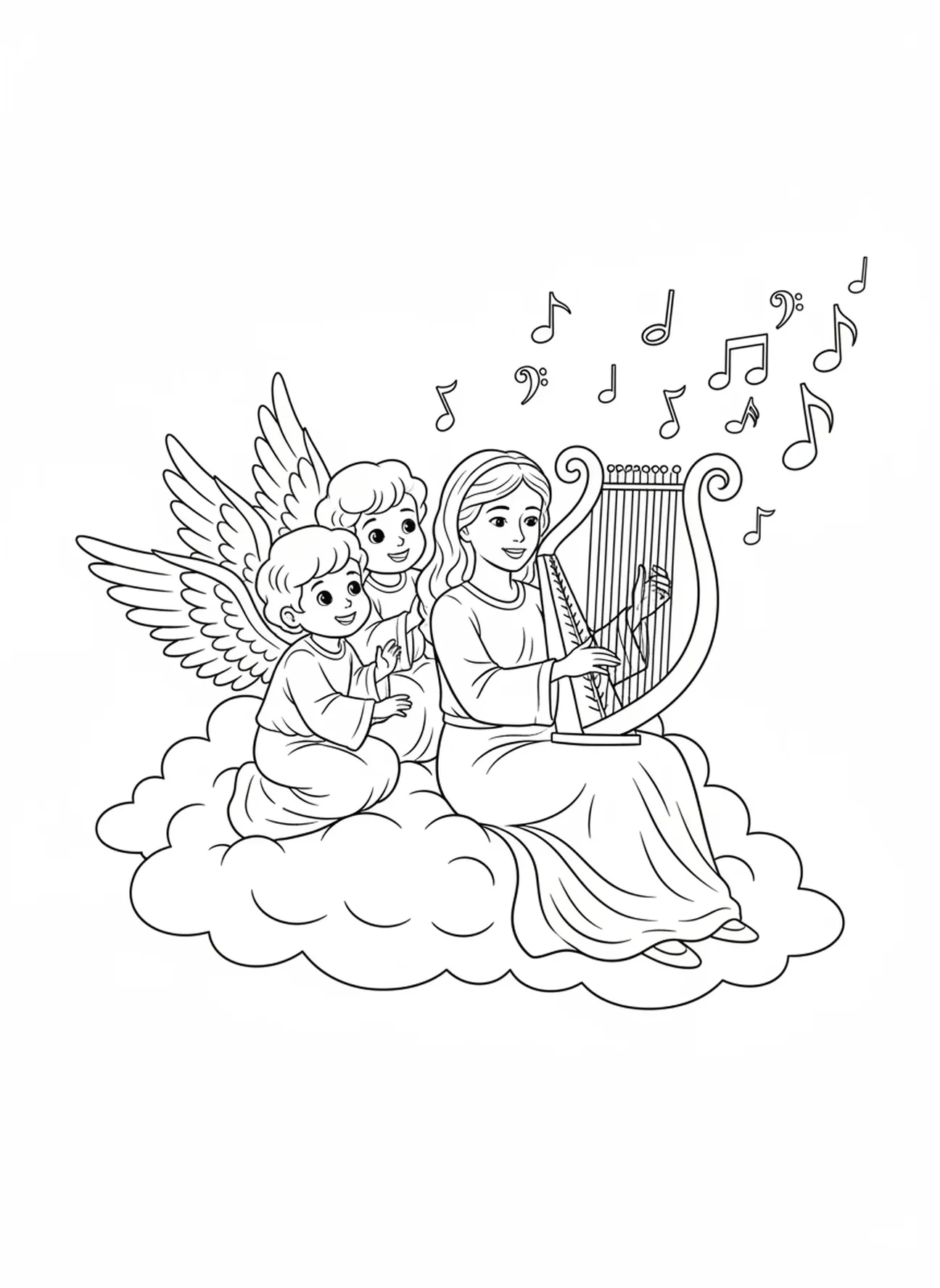 Zwei fröhliche Engel, Ausmalbild von St. Cäcilia für Kinder im Alter von 5-10 Jahren.