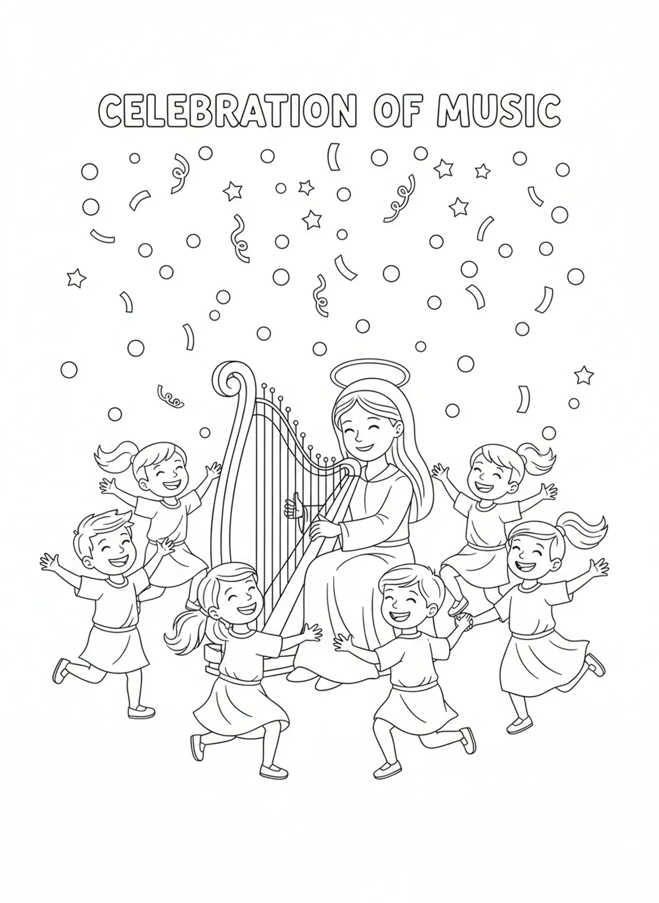 Kinder tanzen um die Hl. Cäcilia, Ausmalbild zur Hl. Cäcilia Musik für Kinder im Alter von 5-10 Jahren.