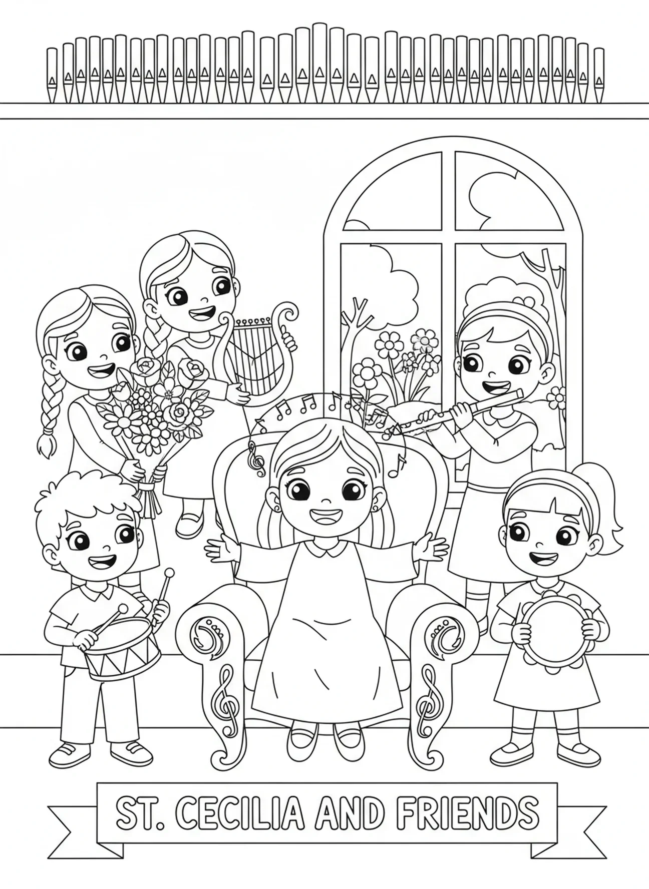 Die Heilige Cäcilia erhält Geschenke, Ausmalbild zur Heiligen Cäcilia für Kinder im Alter von 5-10 Jahren.