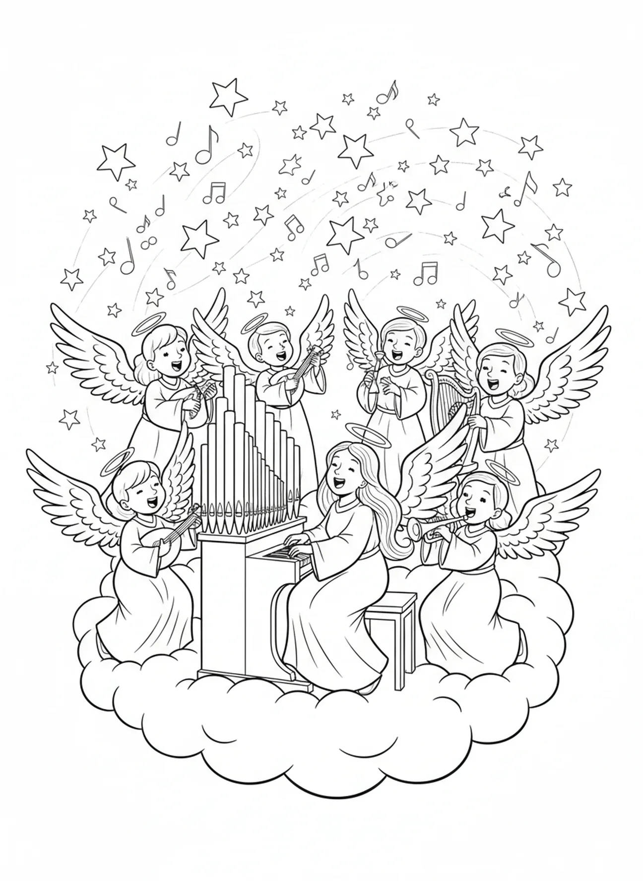 Himmlischer Engelchor, Ausmalbild von St. Cäcilia für Kinder im Alter von 5-10 Jahren.